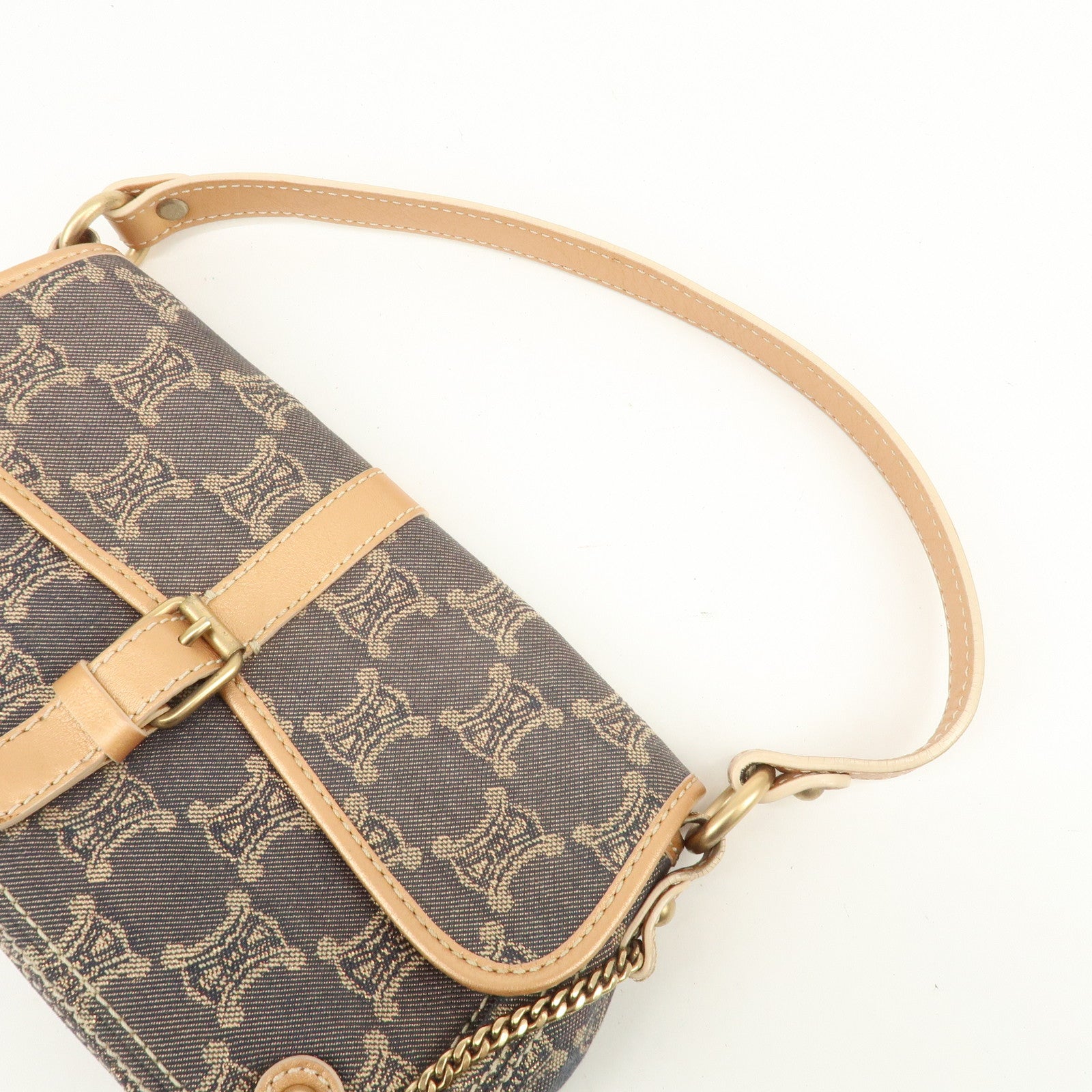 CELINE Macadam Denim Leather Shoulder Bag Metalic Pink Beige Navy