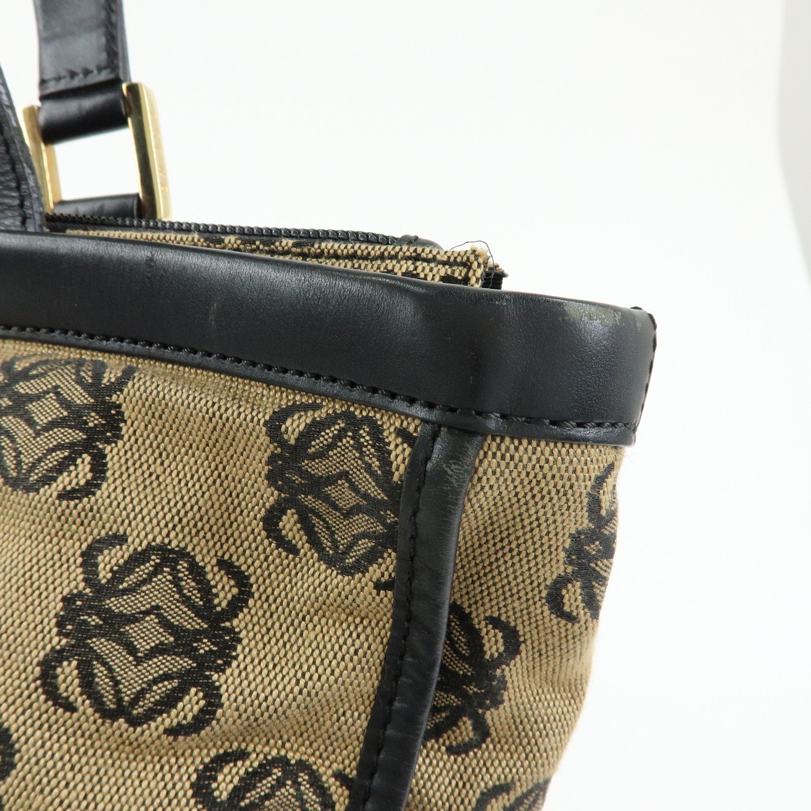 LOEWE Anagram Jacquard Canvas Leather Tote Bag Beige Black