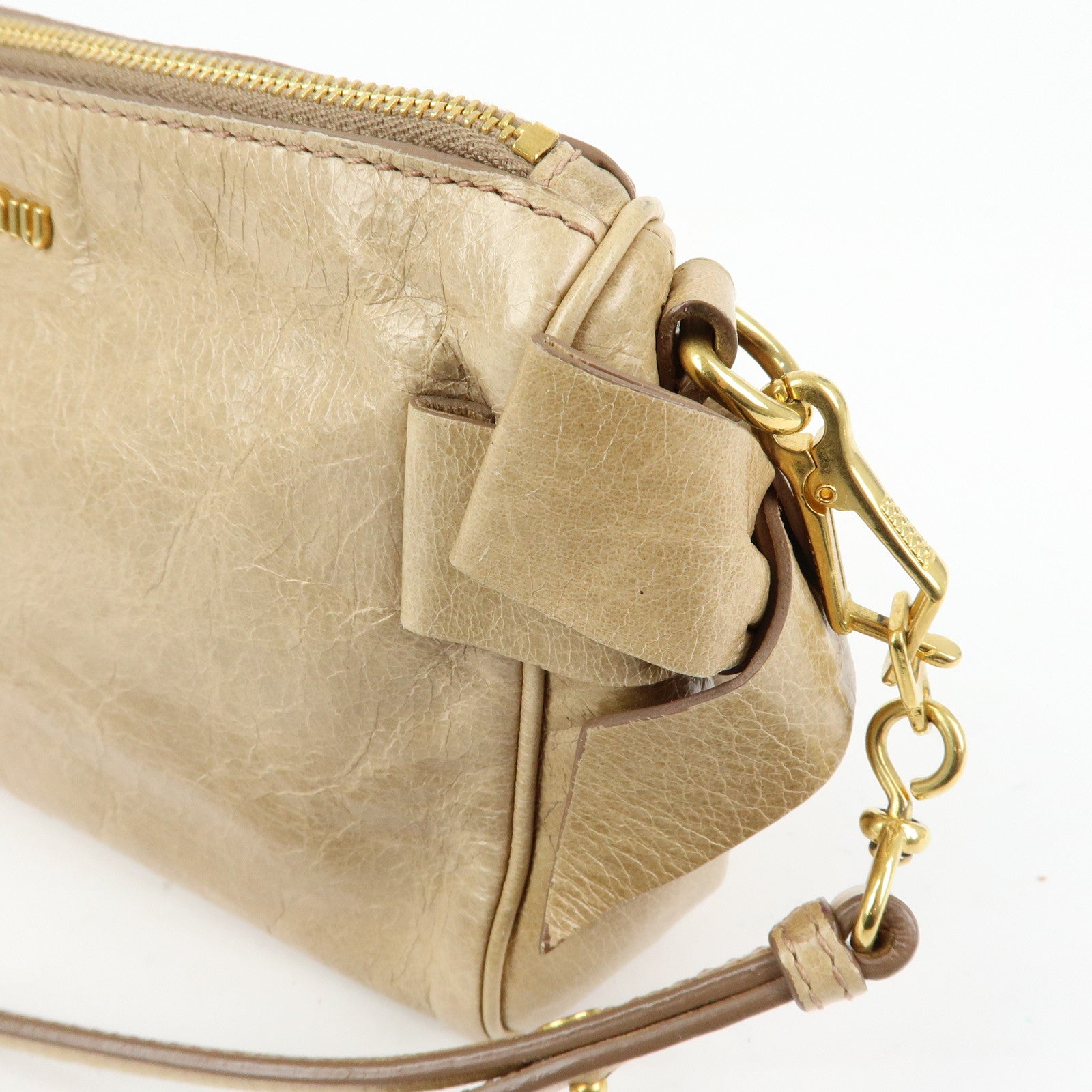 MIU MIU Leather Double Sided Ribbons Hand Bag Shoulder Bag Beige