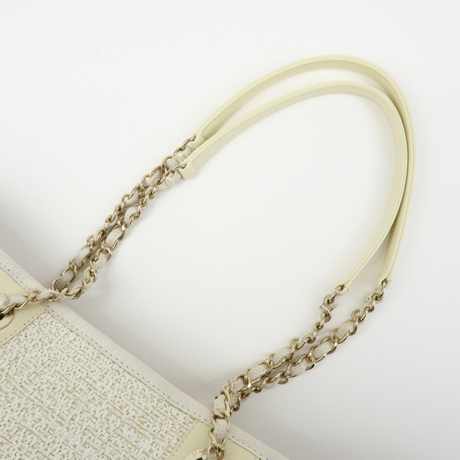 CHANEL Deauville MM Straw Leather Tote Shoulder Bag White A67001