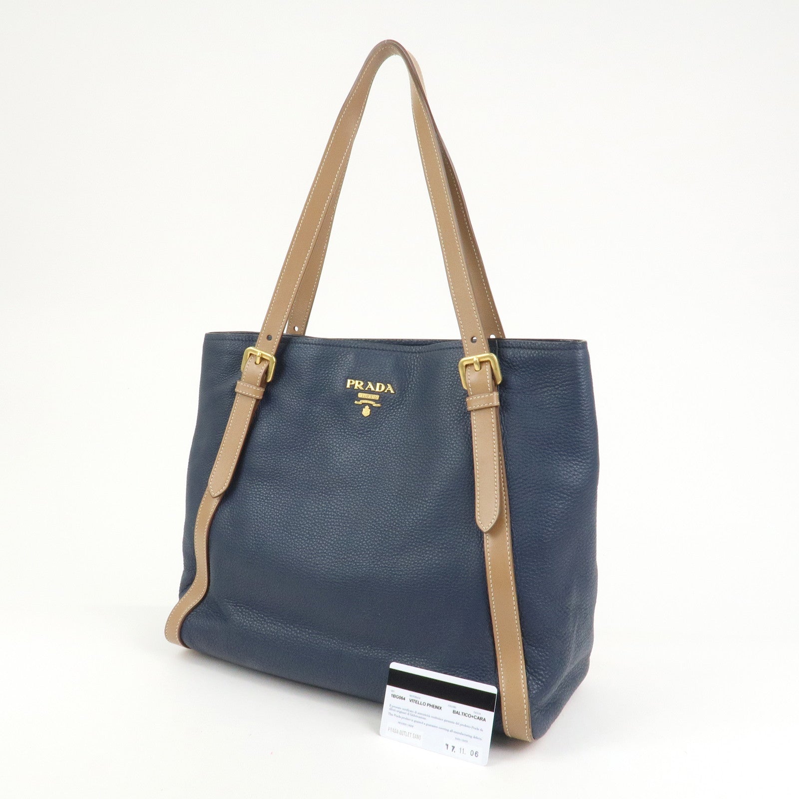 PRADA Logo Leather Tote Bag Shoulder Bag Navy Light Brown 1BG064