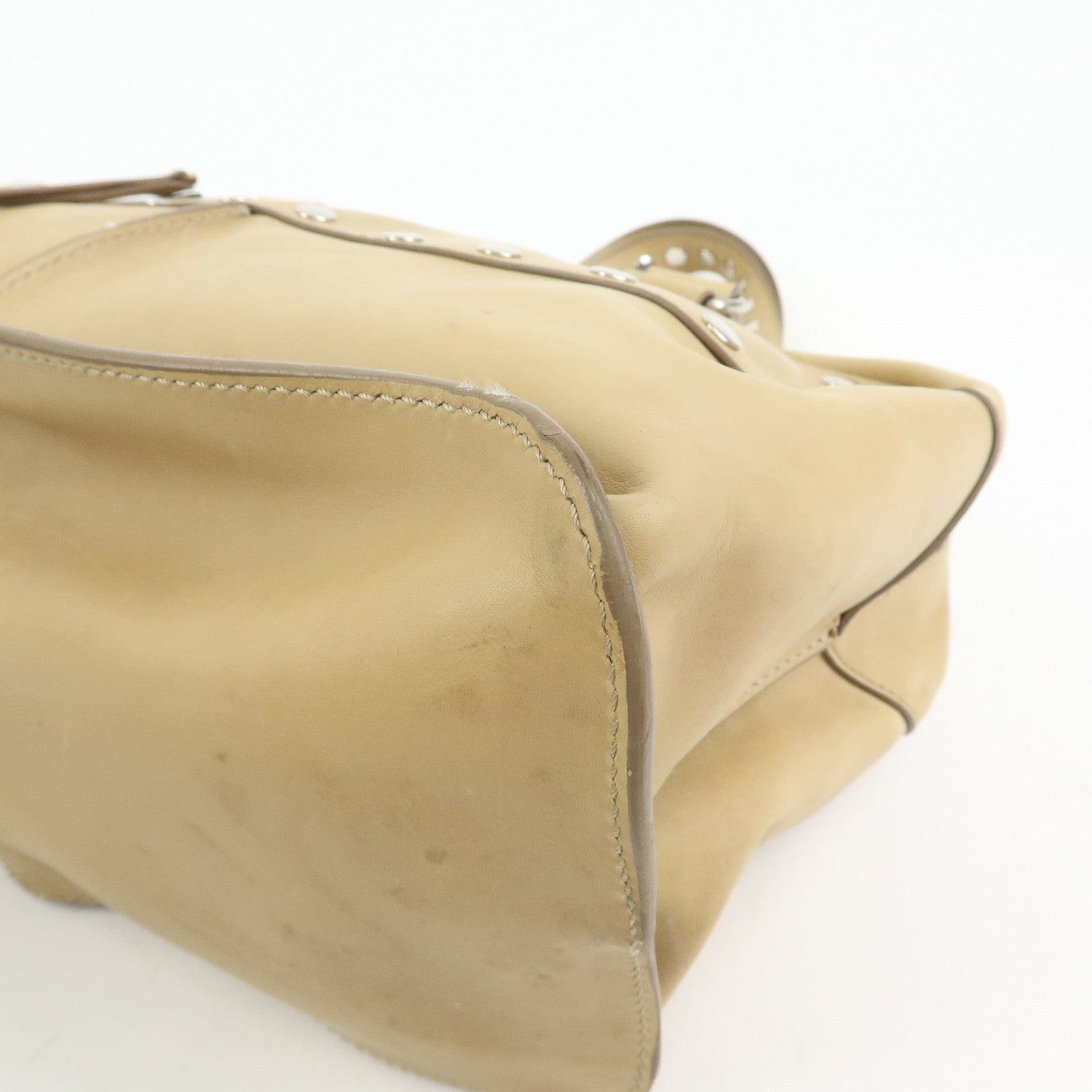 CELINE Leather Hand Bag Bowling Bag Beige Studs