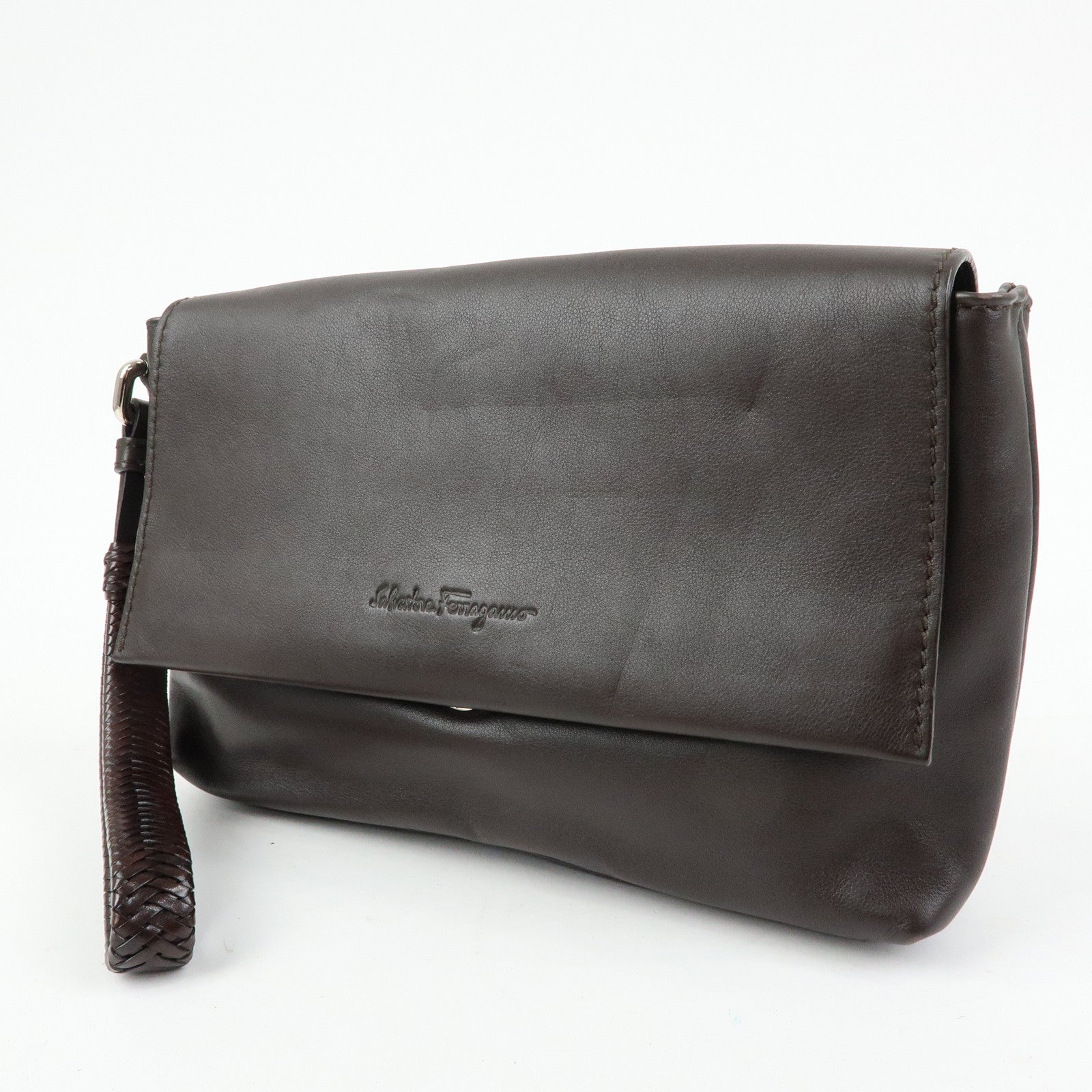 Ferragamo Leather Clutch Bag Second Bag Wrist Strap Brown