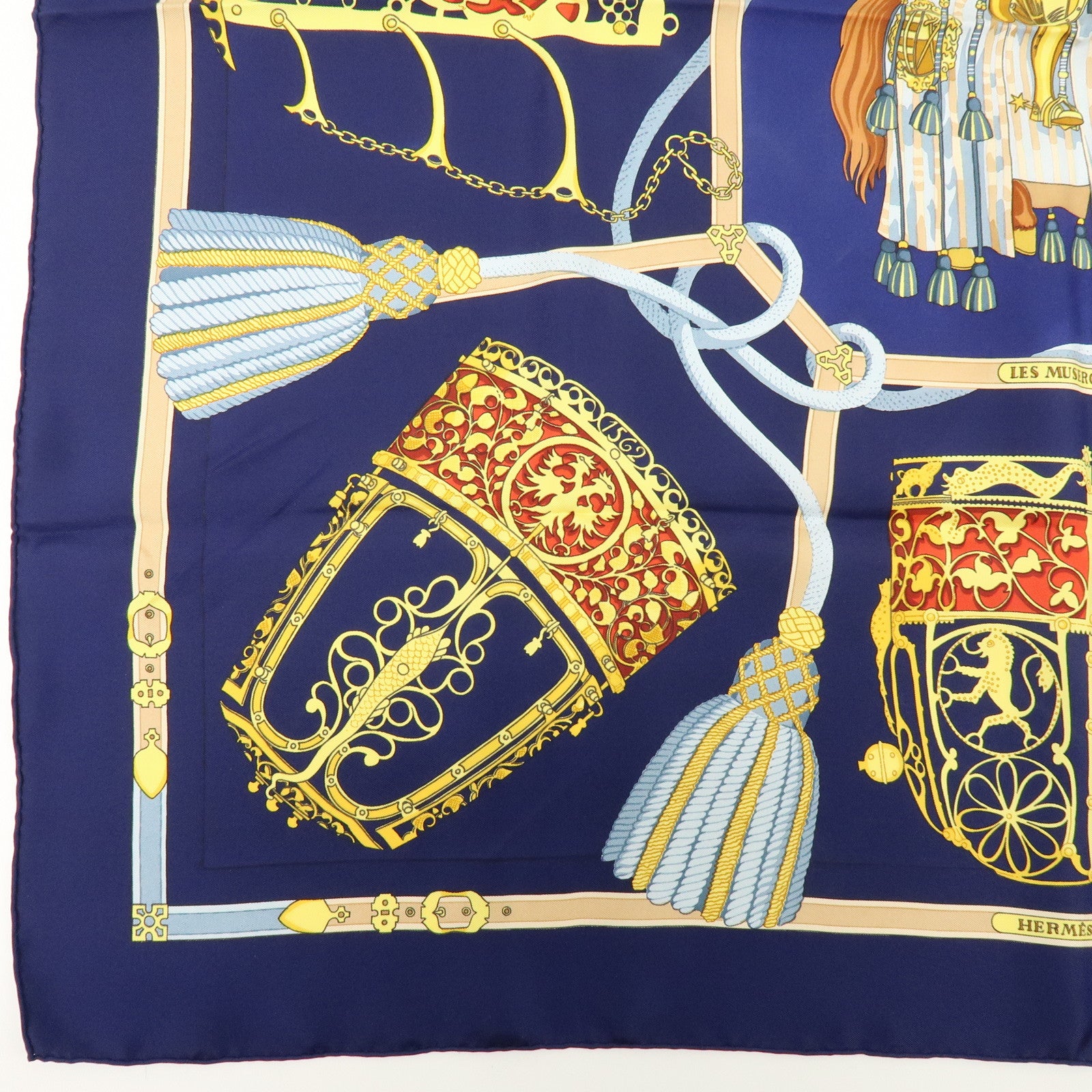 HERMES Carre 90 Silk 100% LES MUSEROLLES Scarf Navy