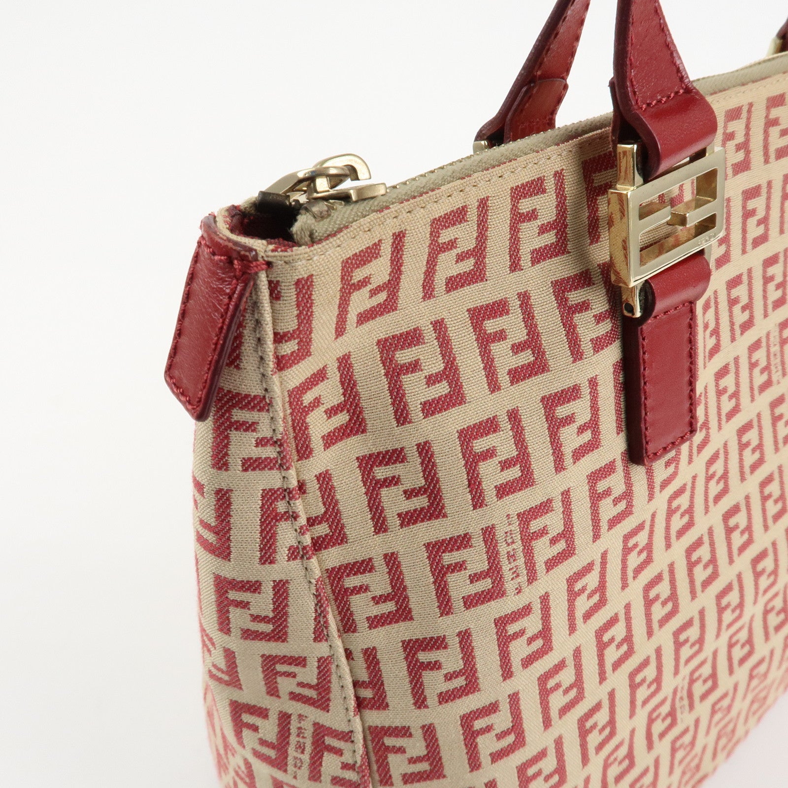 FENDI Zucchino Canvas Leather Hand Bag Beige Red 8BH134 Used