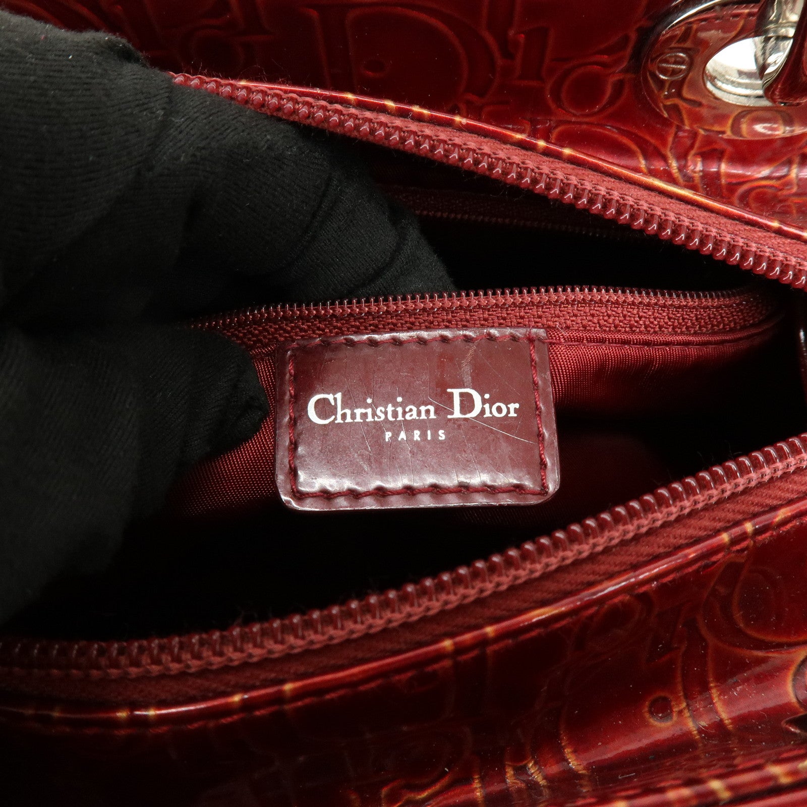 Christian Dior Lady Dior Patent Leather Hand Bag Dior Logo Red