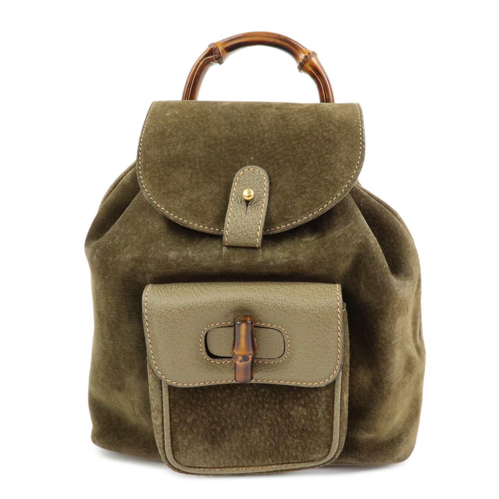 GUCCI Bamboo Suede Leather Backpack Rucksack Khaki 003・2058