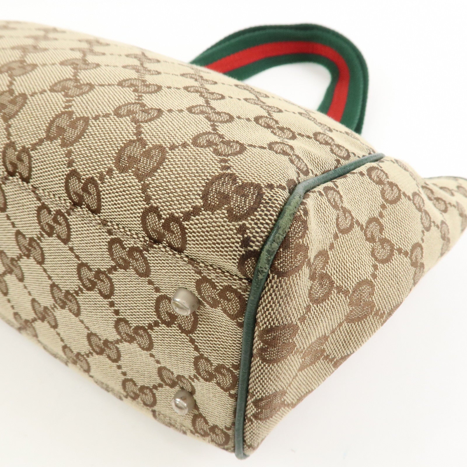 GUCCI Sherry GG Canvas Leather Hand Bag Brown Green 145810