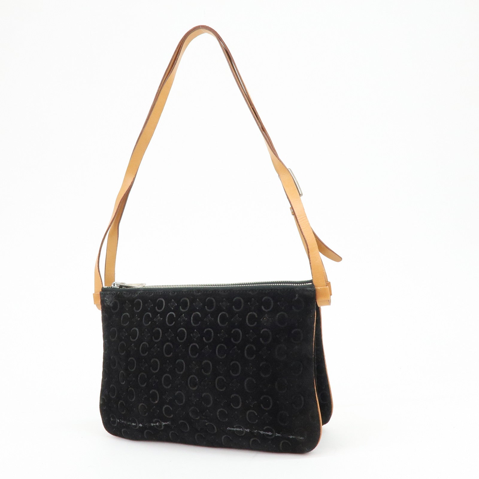 CELINE C Macadam Suede Leather Shoulder Bag Hand Bag Black Brown