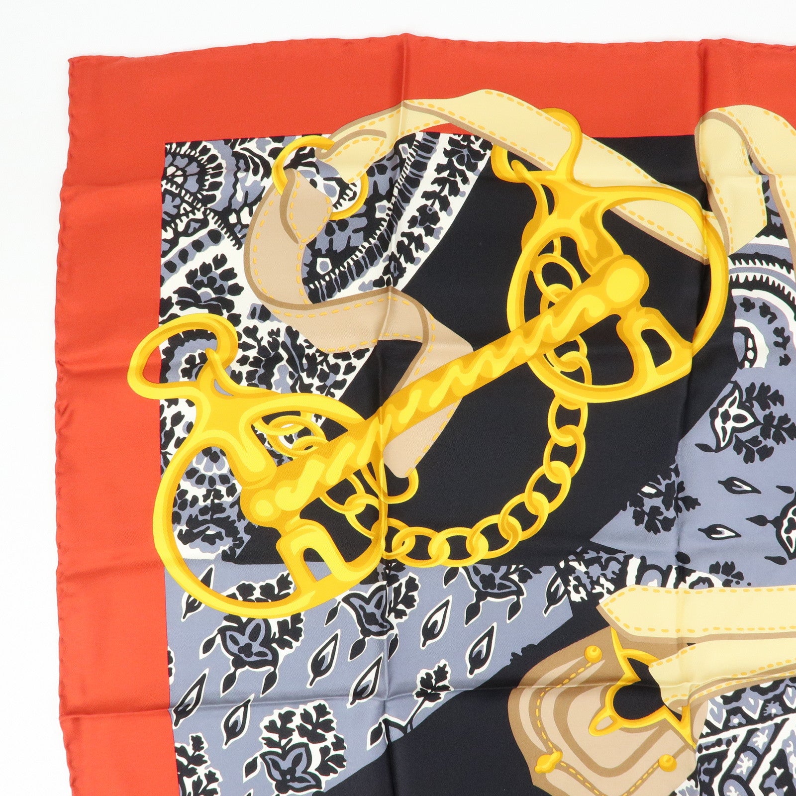 CELINE Silk 100% Scarf Flower Belt Motif Black Red Gold