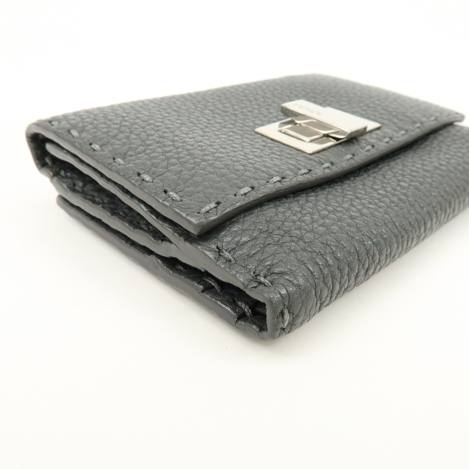 FENDI Selleria Leather Tri-fold Compact Wallet Gray 8M0359