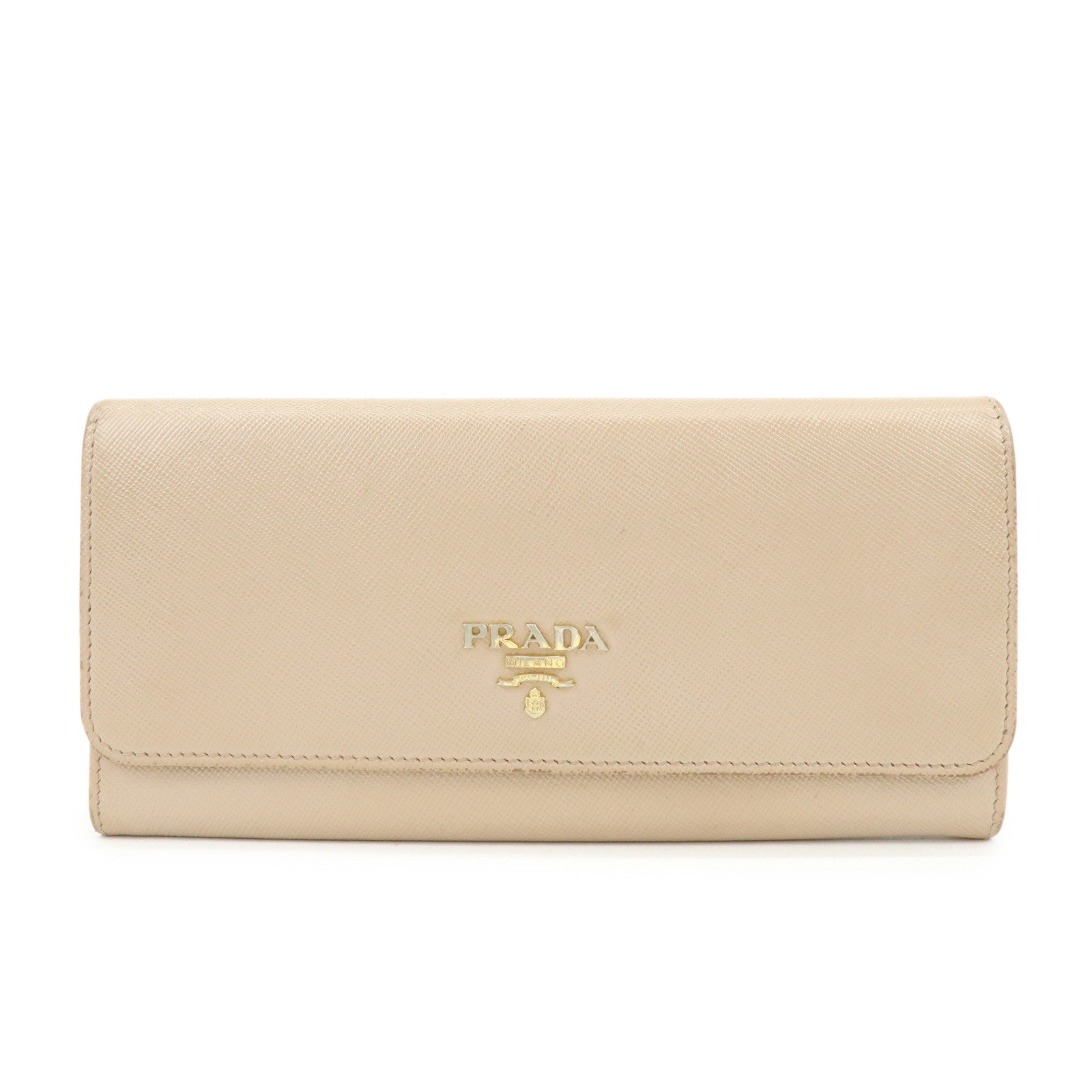PRADA Logo Saffiano Leather Flap Bi-Fold Long Wallet Beige