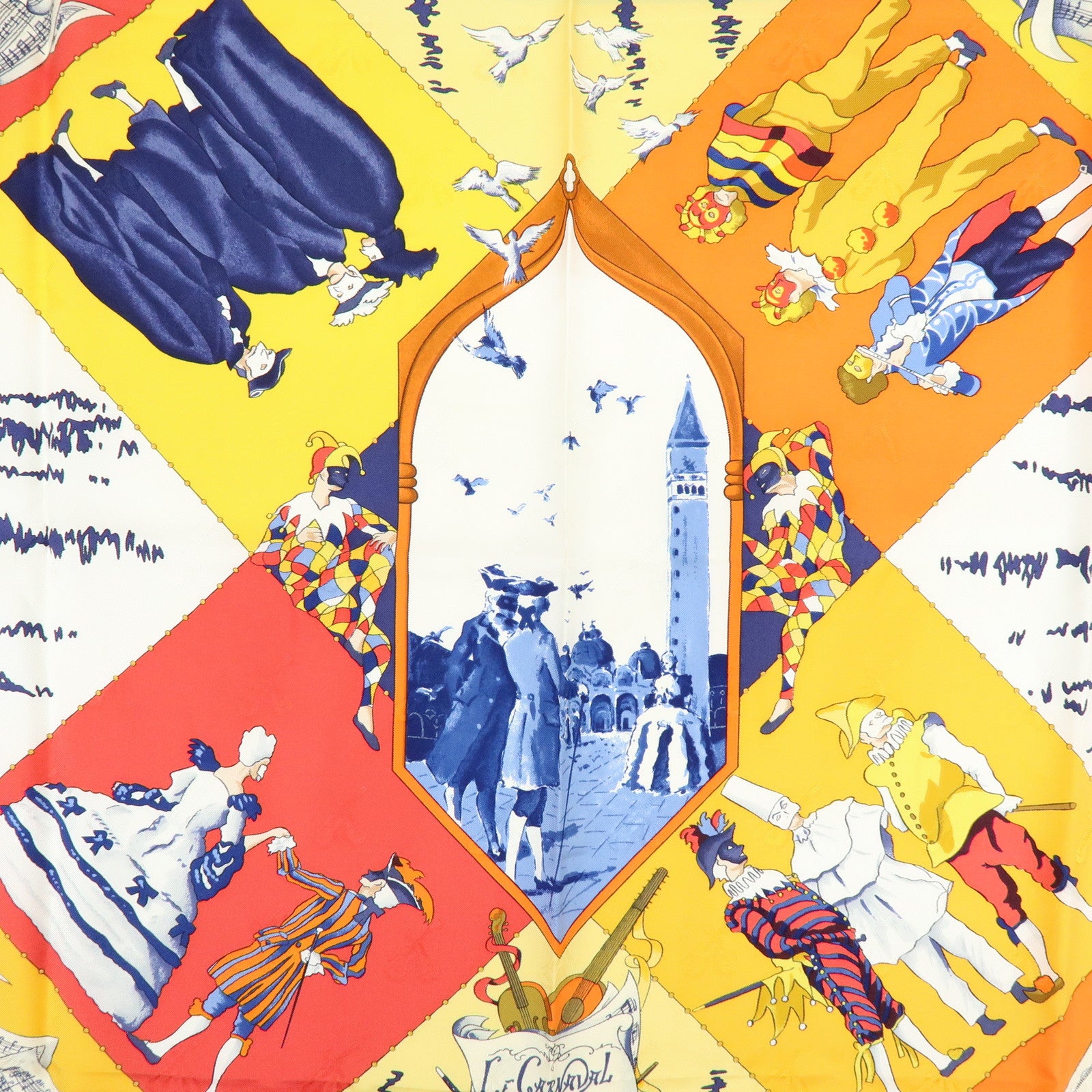 HERMES Carre 90 Silk 100% Scarf LE CARNAVAL DE VENISE Yellow Navy