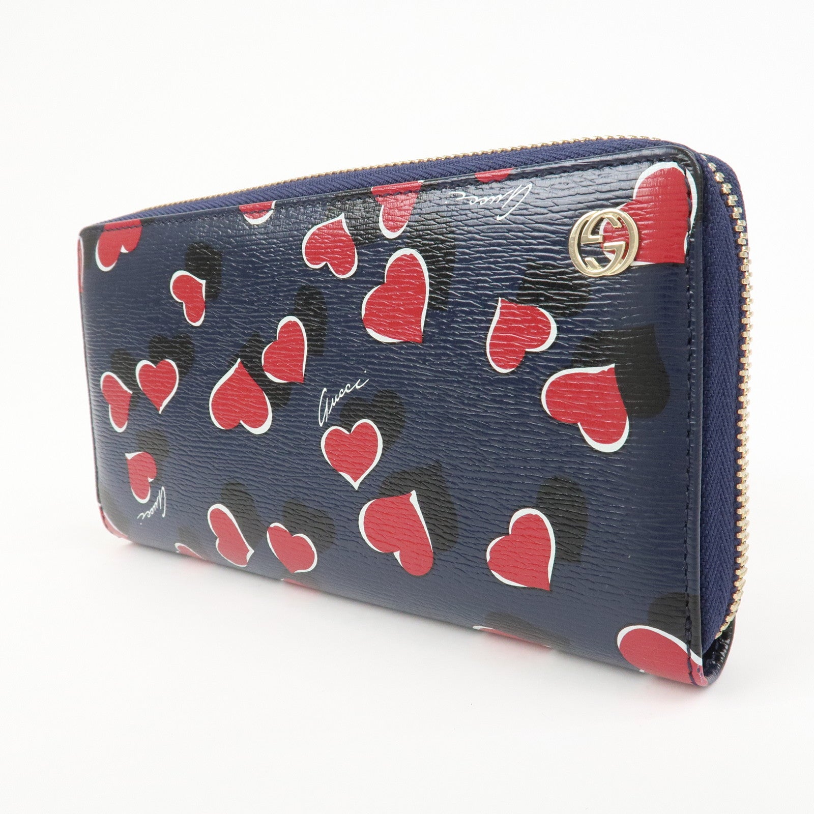 GUCCI Interlocking G Round Zippy Long Wallet Heart Navy 309705