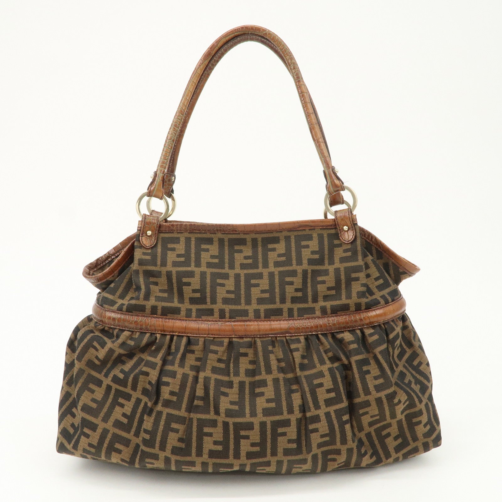 FENDI Zucca Gathered Canvas Leather Shoulder Bag Tote Bag 8BH186