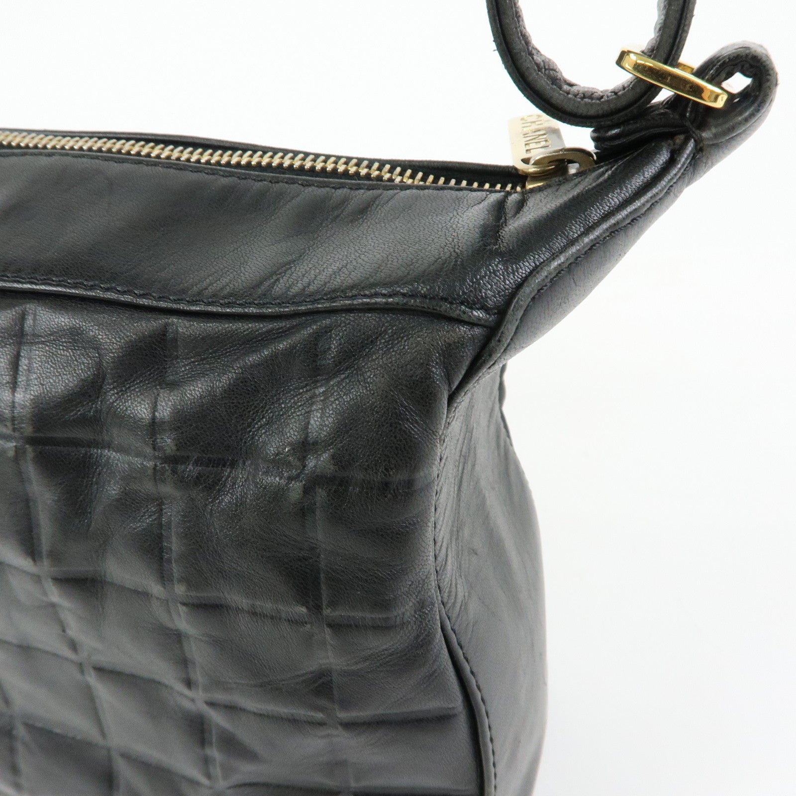 CHANEL Chocolate Bar COCO Mark Lamb Skin Hand Shoulder Bag Black