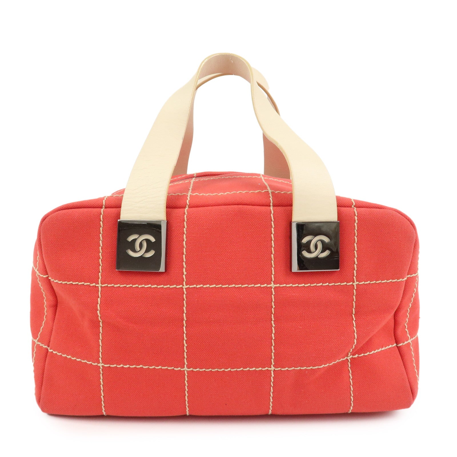 CHANEL Chocolate Bar COCO Mark Canvas Leather Hand Bag Red