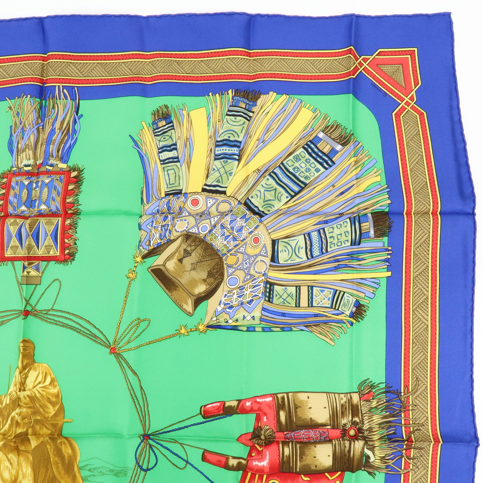 HERMES Carre 90 Silk 100% Scarf CUIRS DU DESERT Green Blue