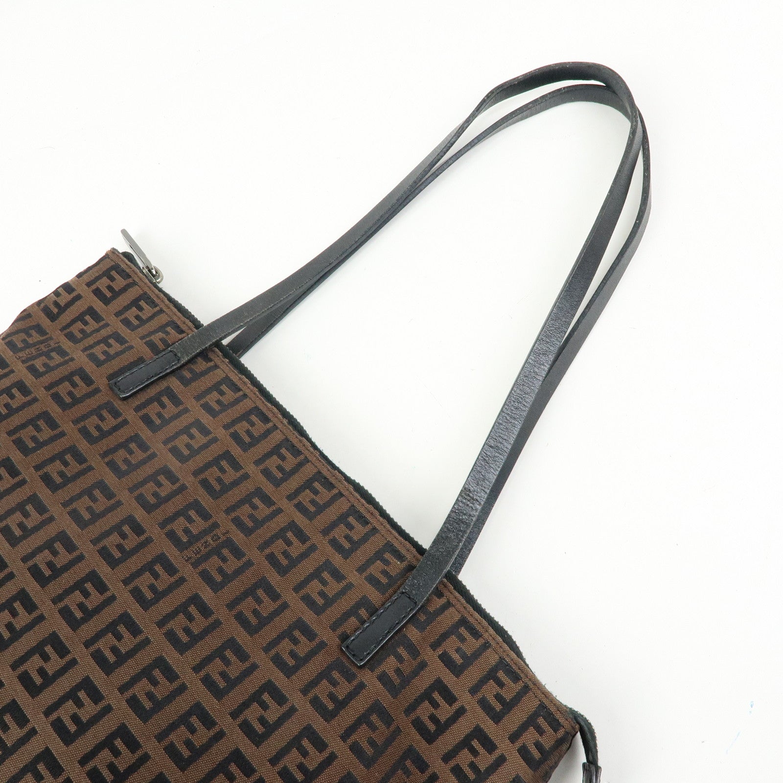 FENDI Zucchino Canvas Leather Tote Bag Hand Bag Brown Black 8BH024