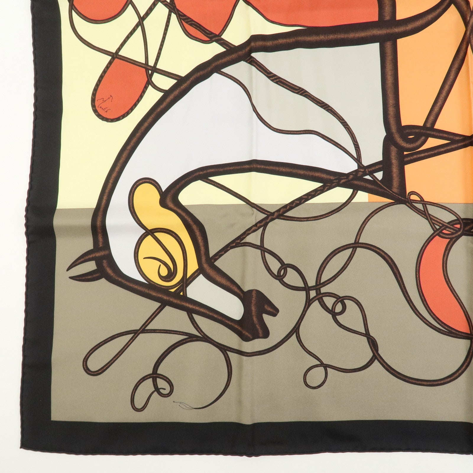 HERMES Carre 90 Silk 100% Coup de Fouet Scarf Black Multicolor