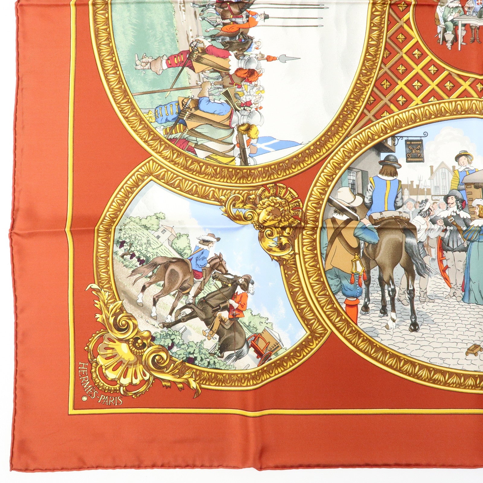 HERMES Carre 90 Silk 100% Scarf Les Trois Mousquetaires Brown Gold