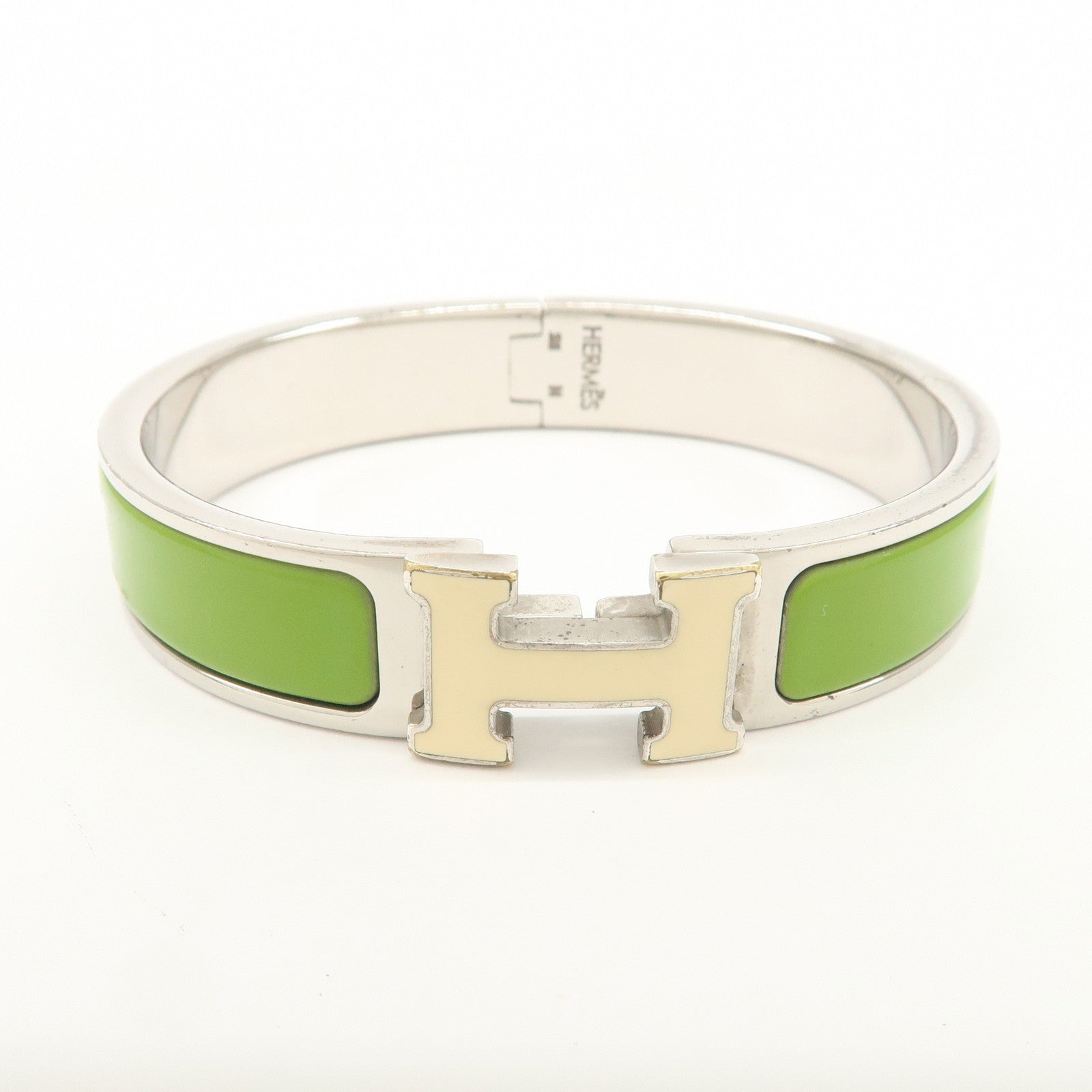 HERMES Clic Clac PM Metal Bracelet Bangle Green Ivory