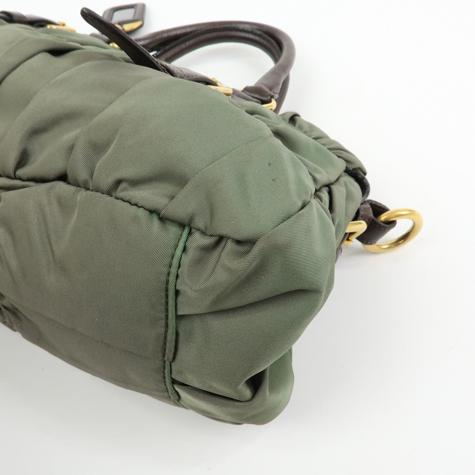 PRADA Nylon Leather Gathered 2Way Bag Hand Bag Khaki BN1407