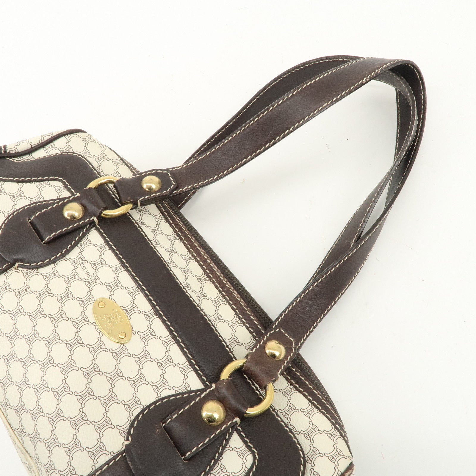 CELINE Macadam PVC Leather Mini Boston Bag Dark Brown White