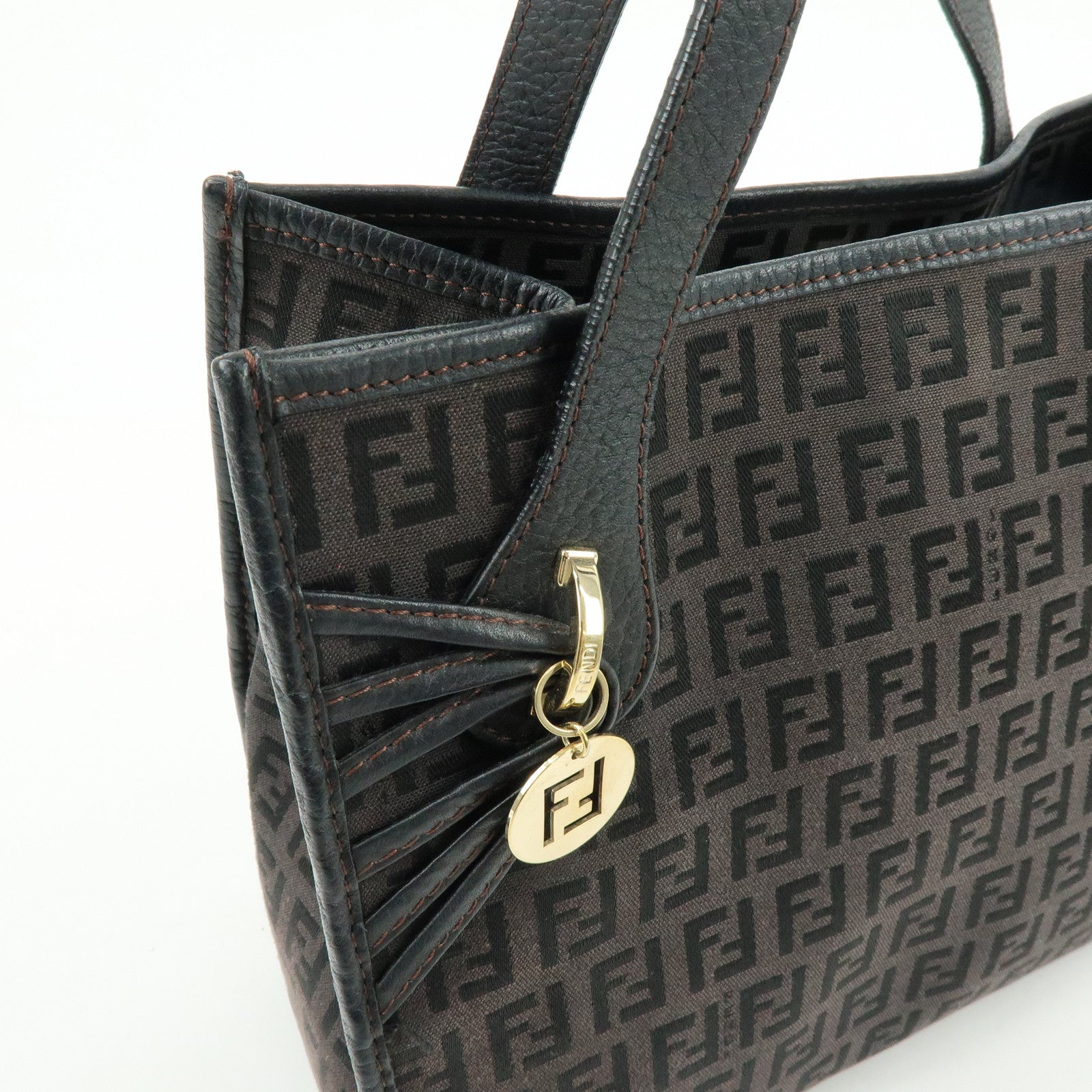 FENDI Zucchino Canvas Leather Hand Bag Tote Bag Brown 8BH152