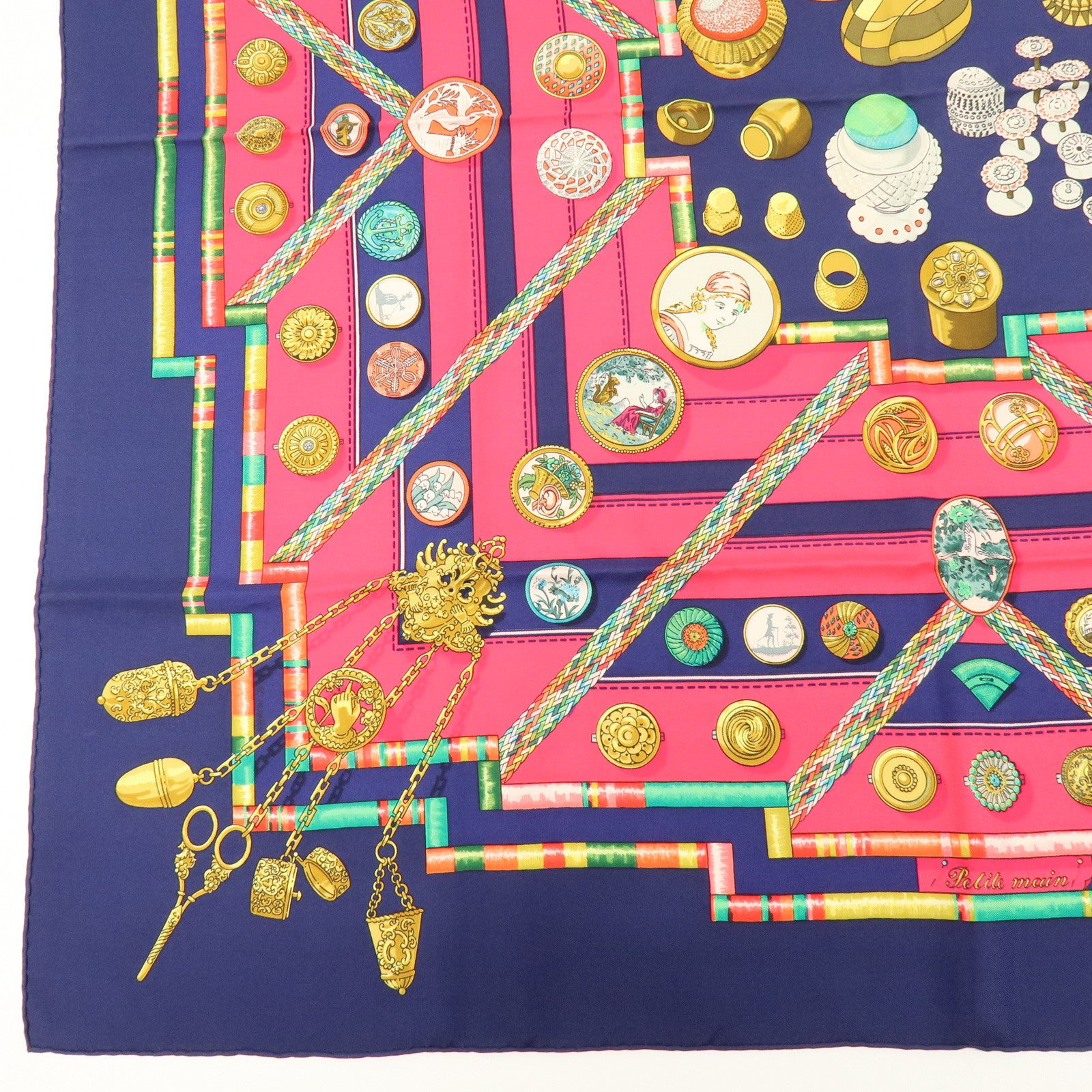 HERMES Carre 90 Silk 100% Petite Main Scarf Navy Pink Multicolor