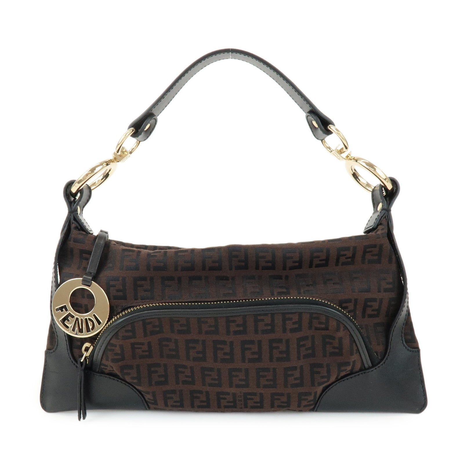 FENDI Zucchino Logo Canvas Leather Black Shoulder Bag Brown 8BR464