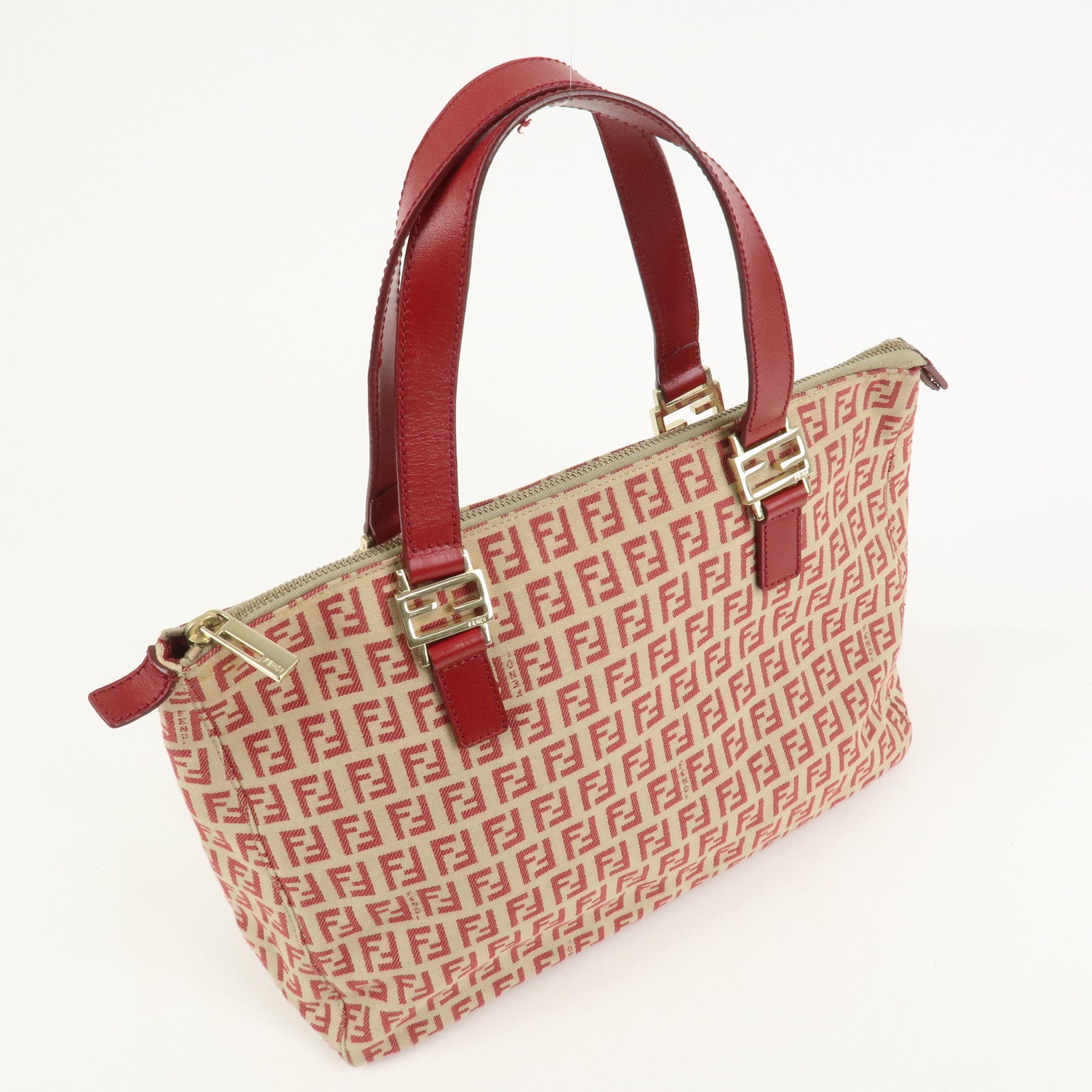 FENDI Zucchino Canvas Leather Tote Bag Hand Bag Beige Red 8BH134