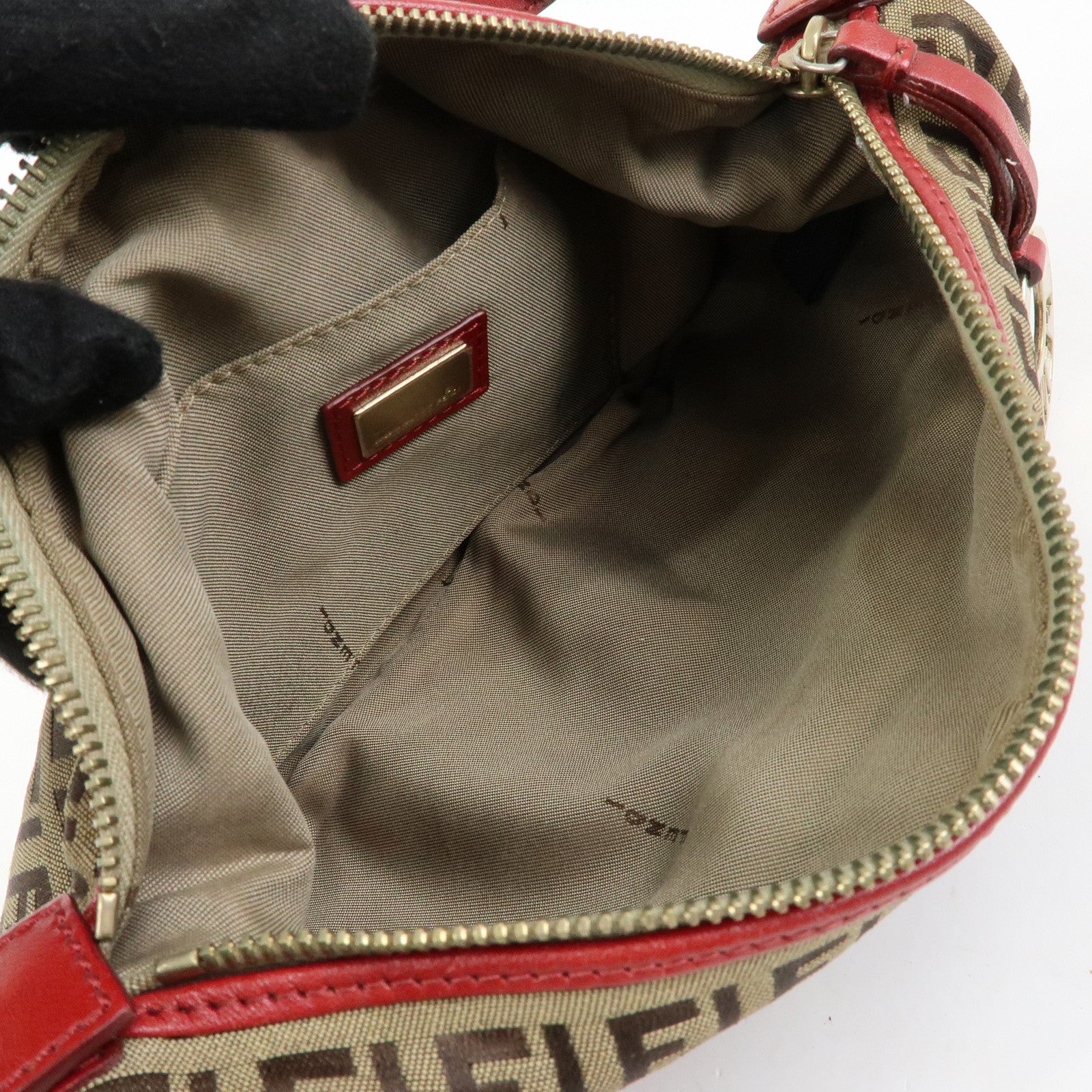 FENDI Zucca Canvas Leather Hand Bag Shoulder Bag Beige Red 8BR464