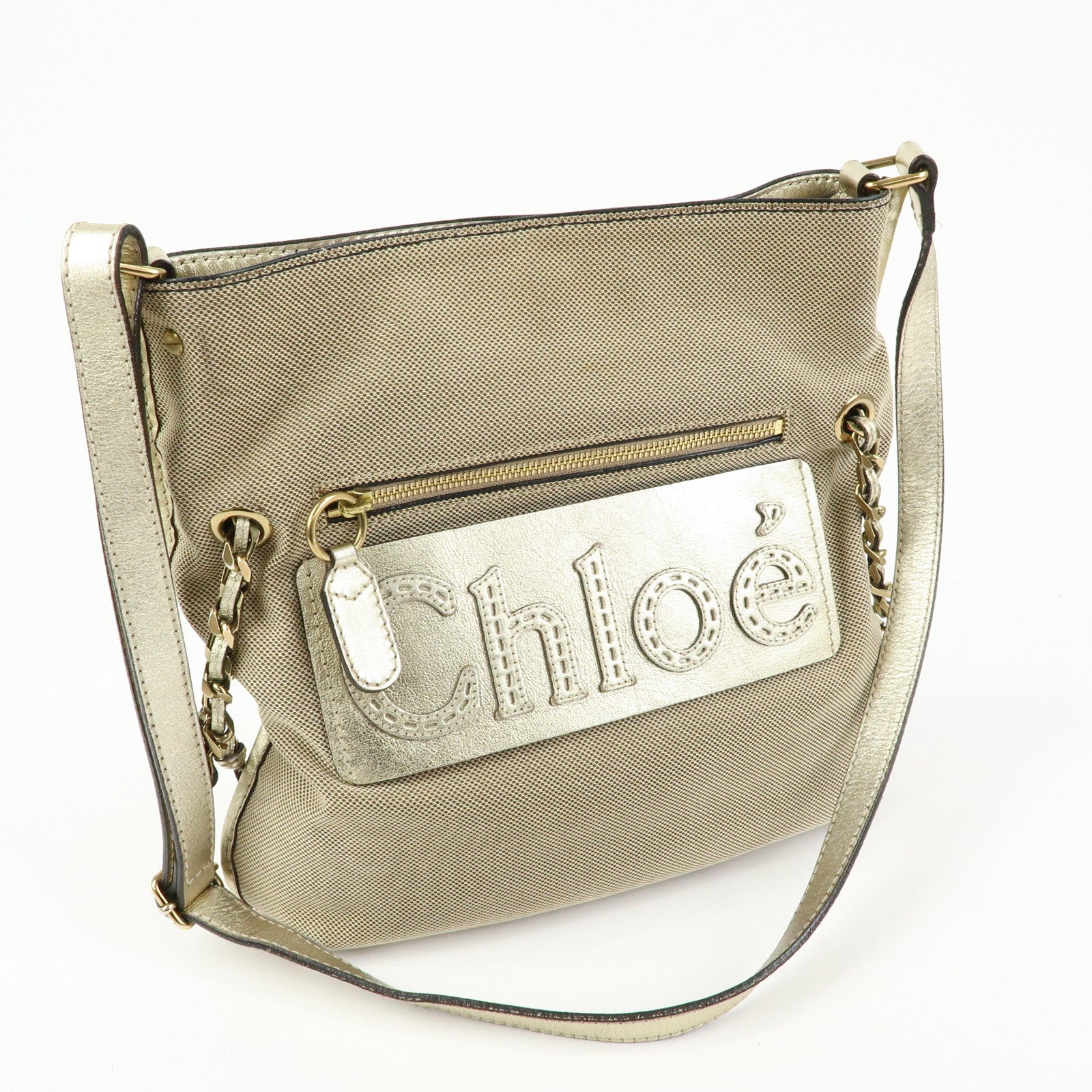Chloe Harley Canvas Leather Shoulder Bag Crossbody Bag Beige Gold