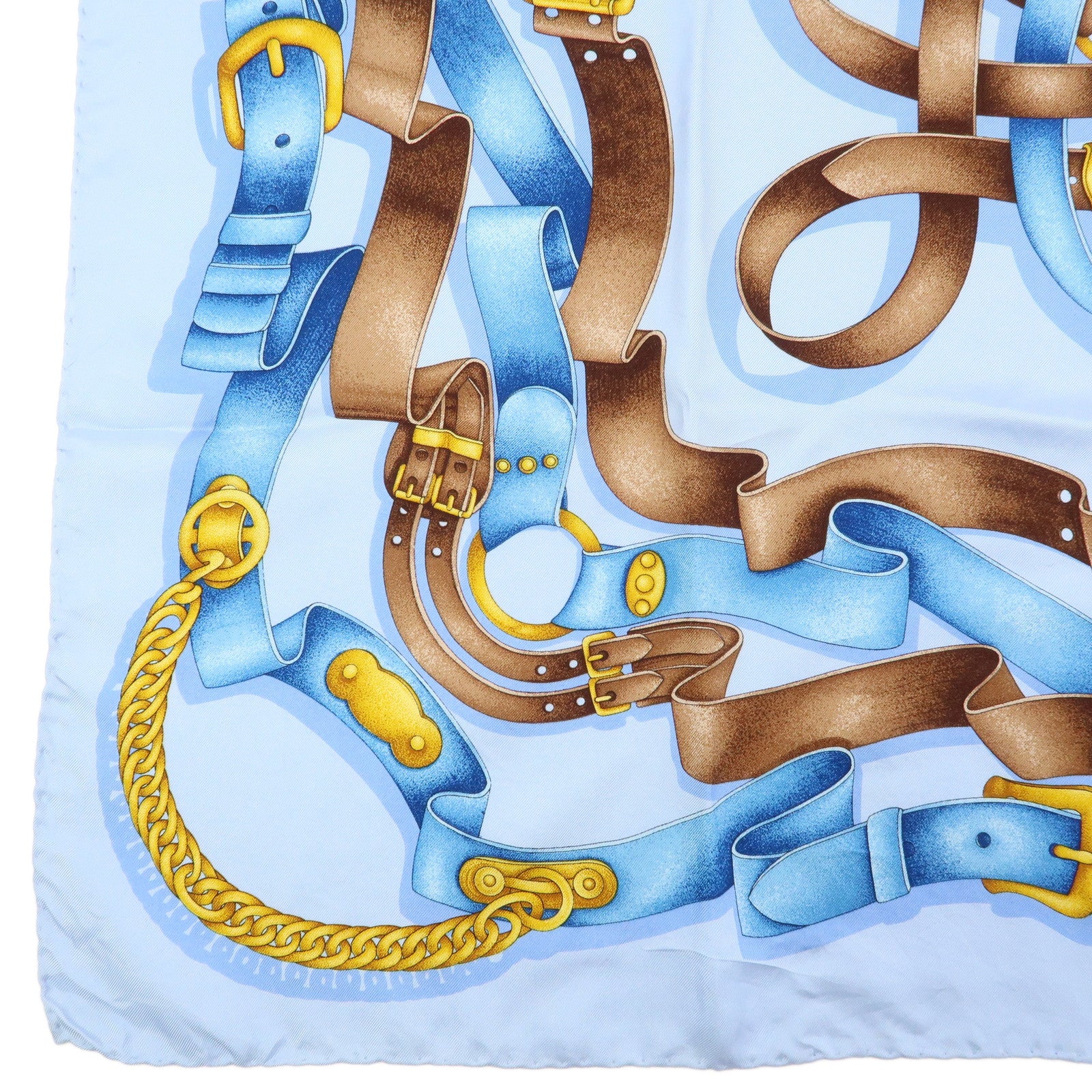 GUCCI Silk 100% Scarf 90x90 Strap Motif Light Blue Brown