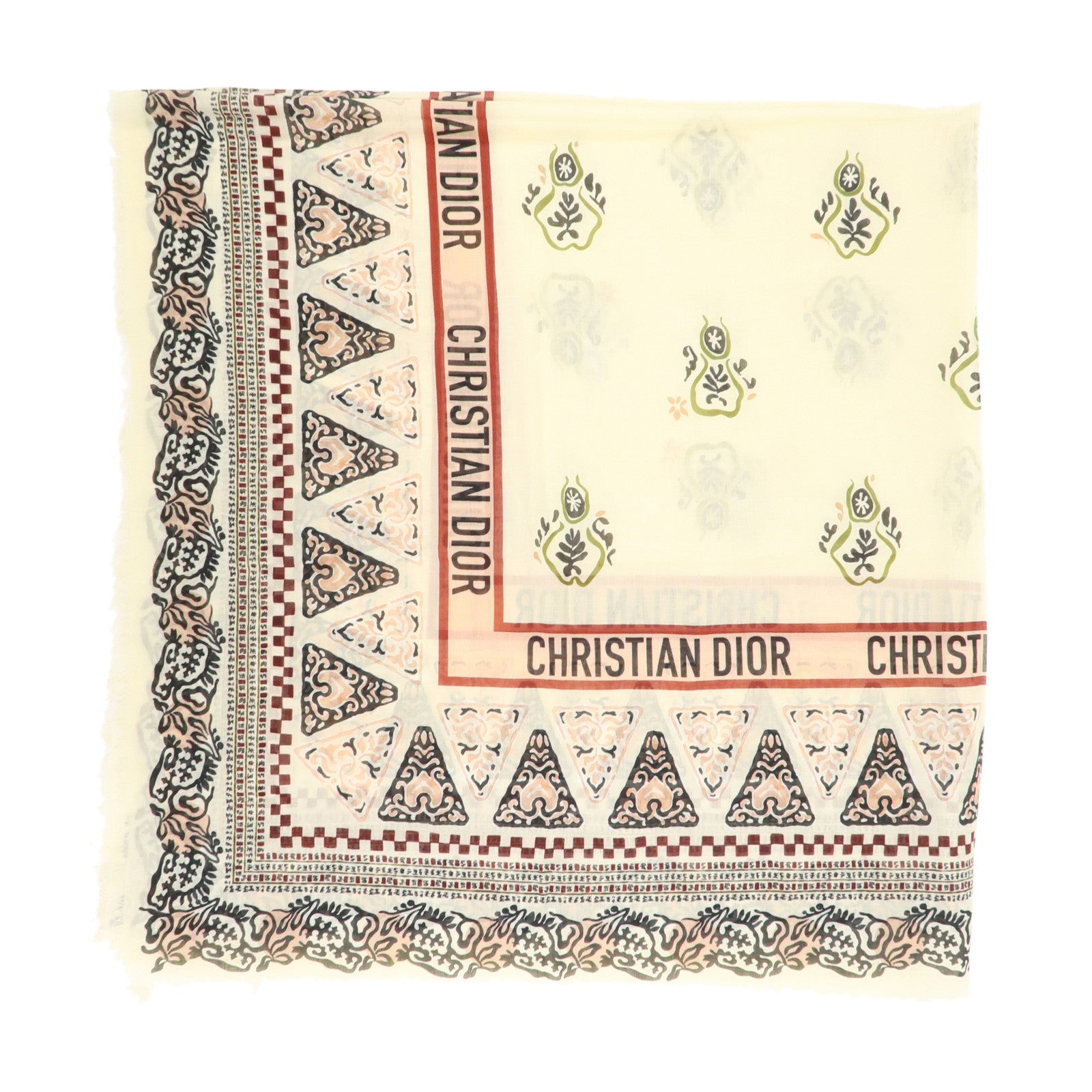 Christian Dior Logo Cotton 100％ Scarf Geometric Motif Ivory Red