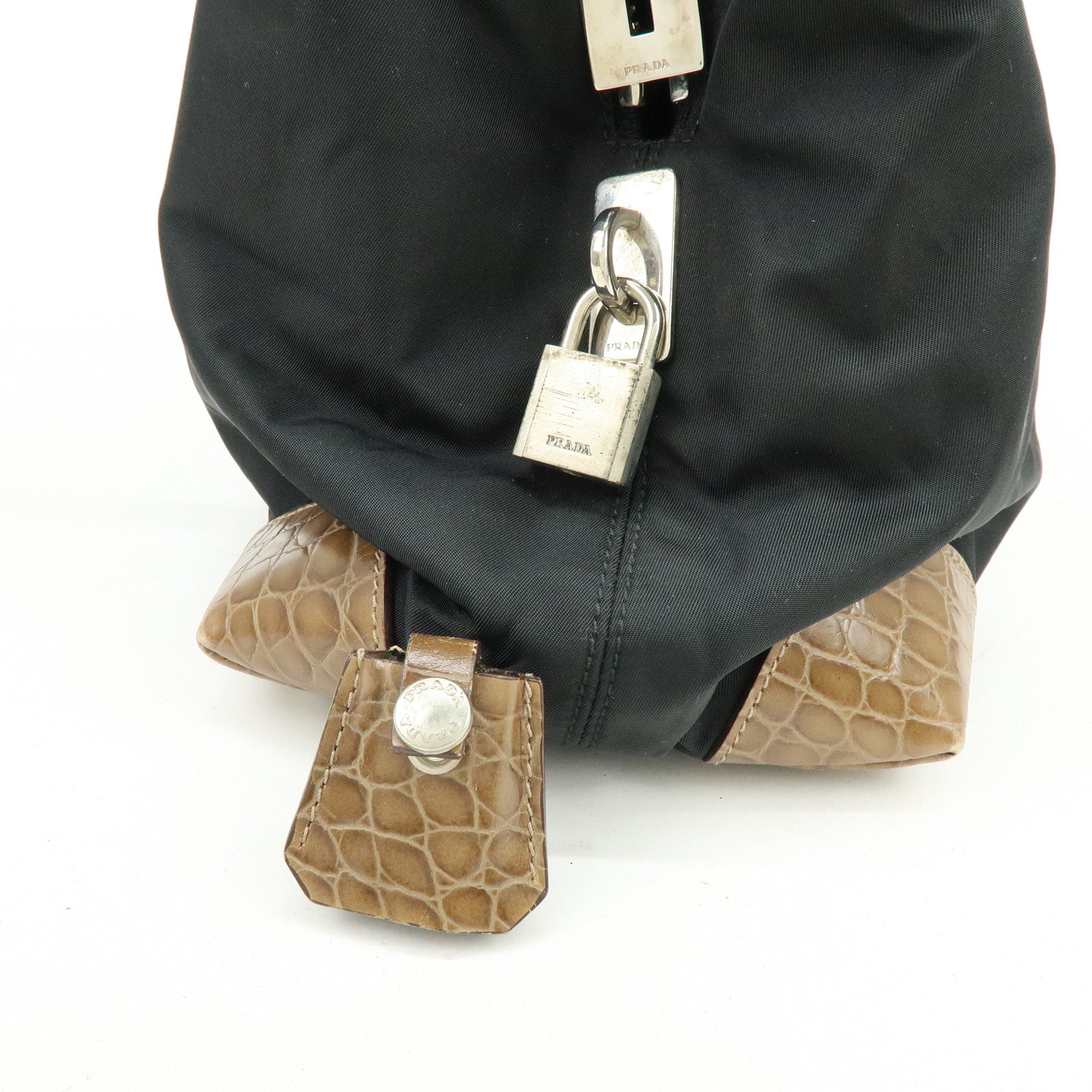 PRADA Triangle Logo Nylon Embossed Leather Tote Bag Black Brown