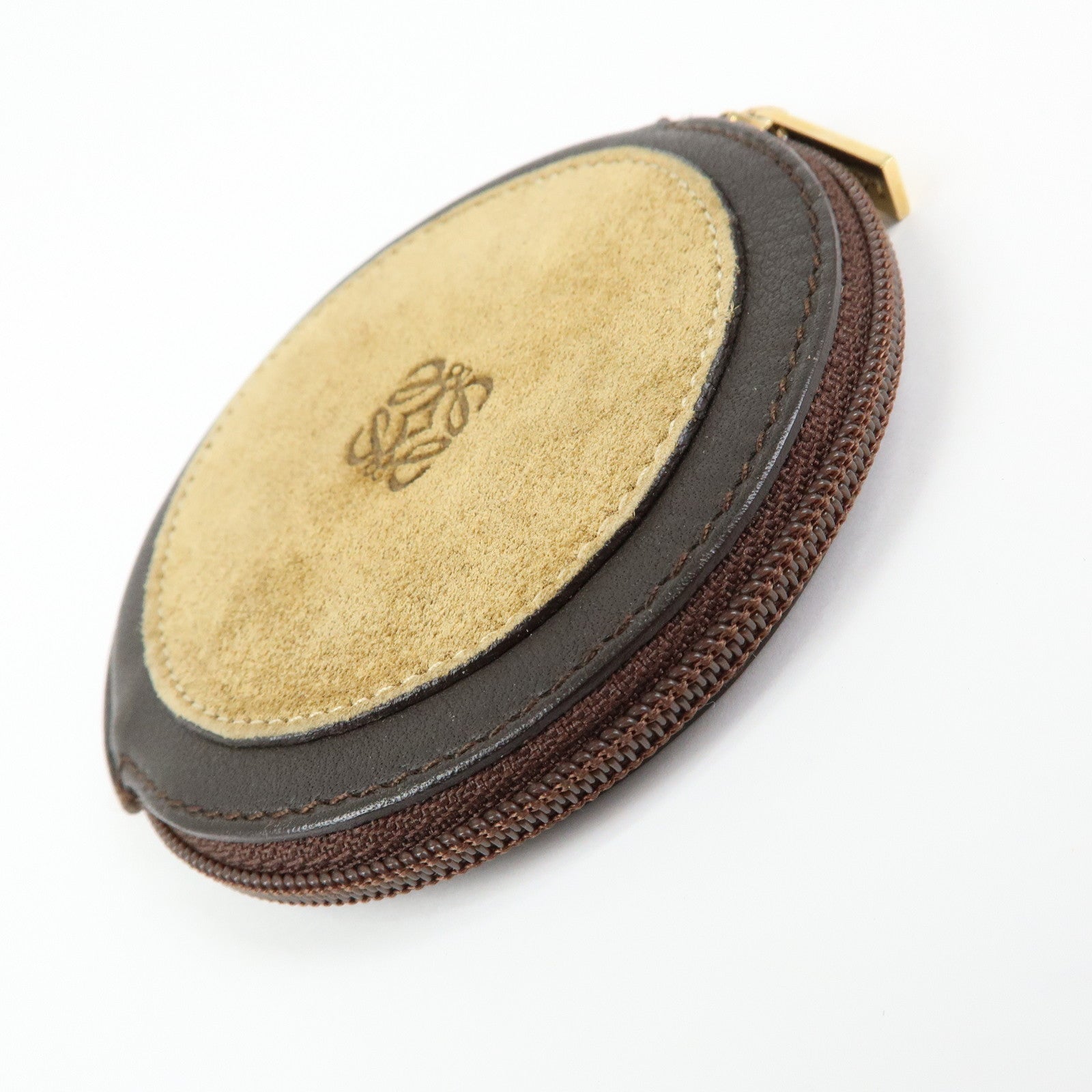 LOEWE Anagram Set of 2 Leather Suede Coin Case Brown Orange