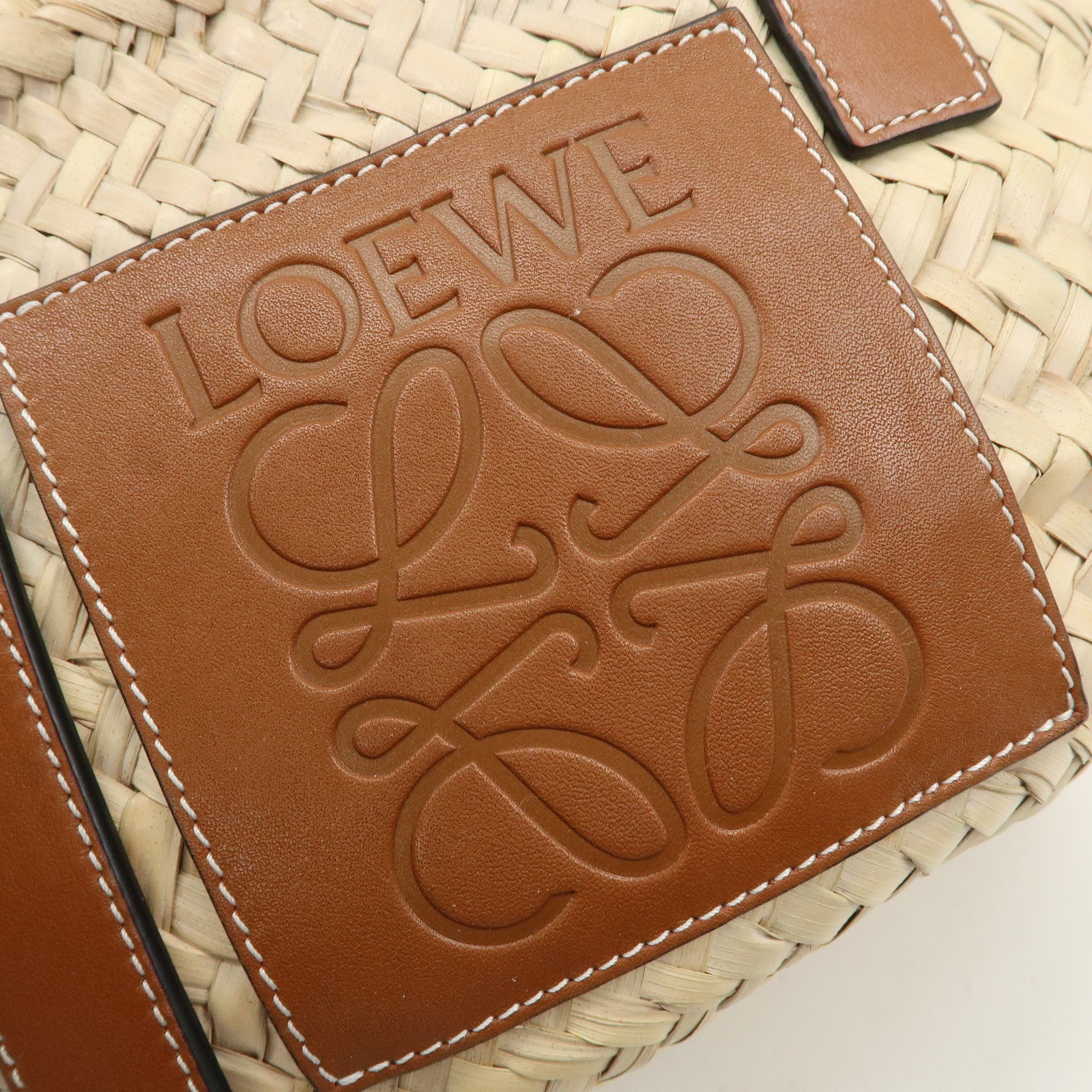 LOEWE Anagram Raffia Leather Basket Bag Hand Bag Natural Brown 2435