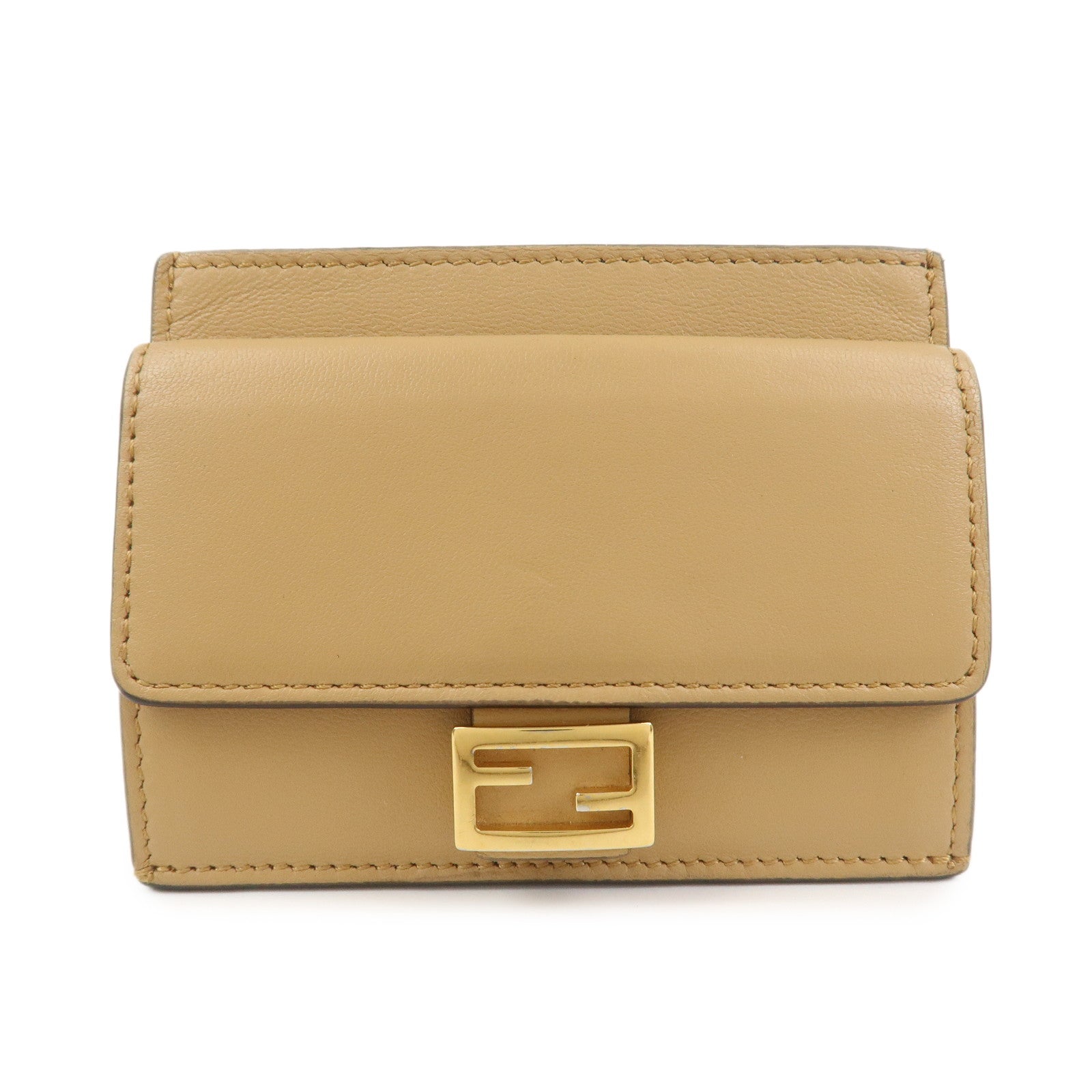 FENDI Zucca Baguette Leather Card Case Light Brown