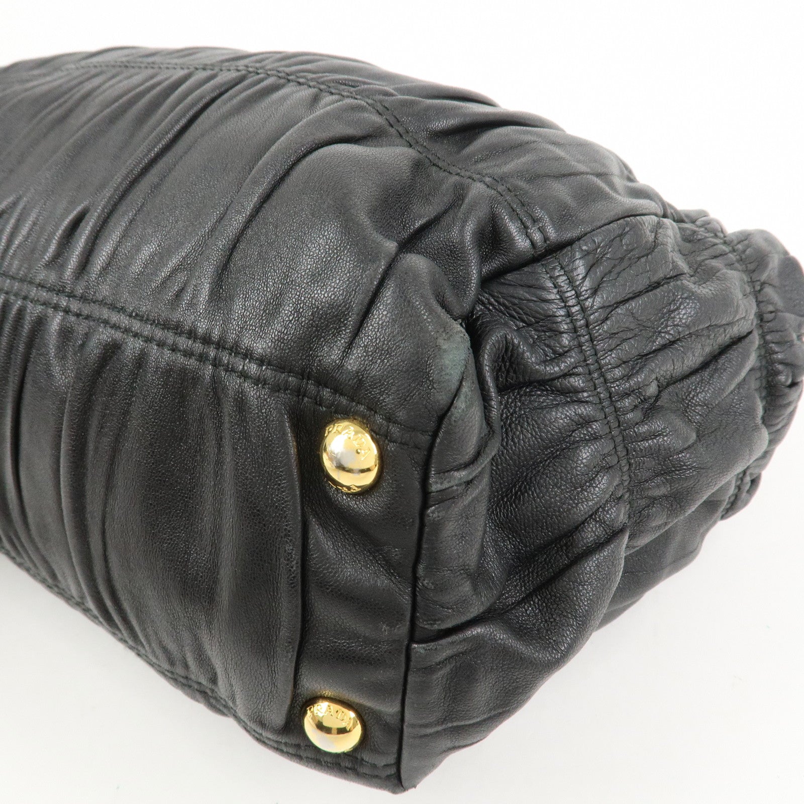 PRADA Logo Nappa Leather Gathered Shoulder Bag Hand Bag Black
