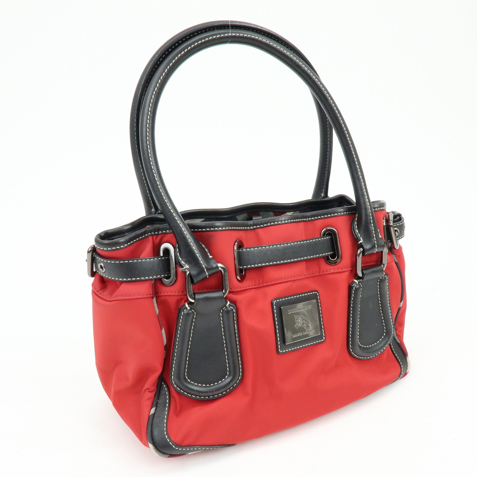 BURBERRY Blue Label Nova Plaid Nylon Leather Tote Bag Red Black