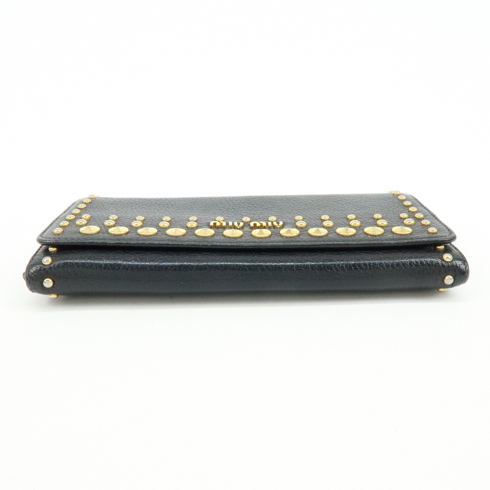 MIU MIU Logo Leather Studs Flap Long Wallet Black 5M1109