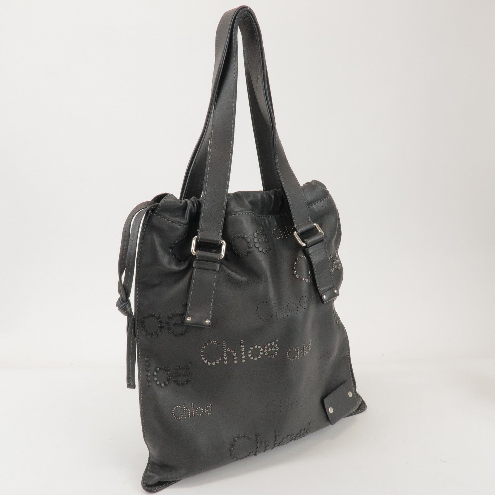 Chloe Leather Drawstring Tote Bag Shoulder Bag Hand Bag Black Studs