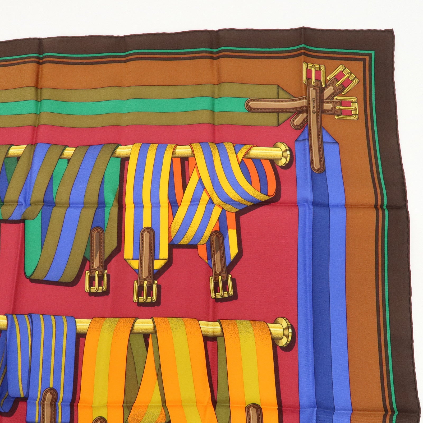 HERMES Carre 90 Silk 100% Scarf J.METZ Les Sangles Wine Red Yellow