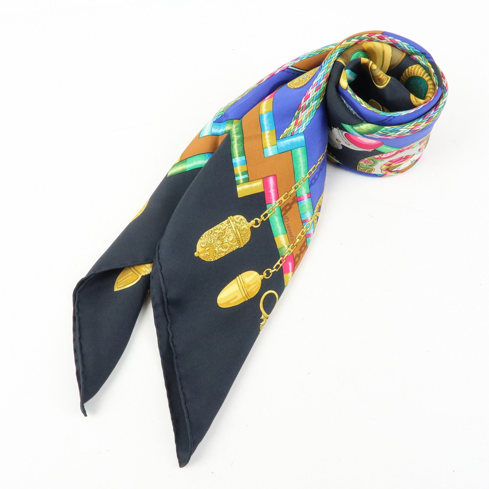 HERMES Carre 90 Silk 100% Scarf Petite main Black Multicolor