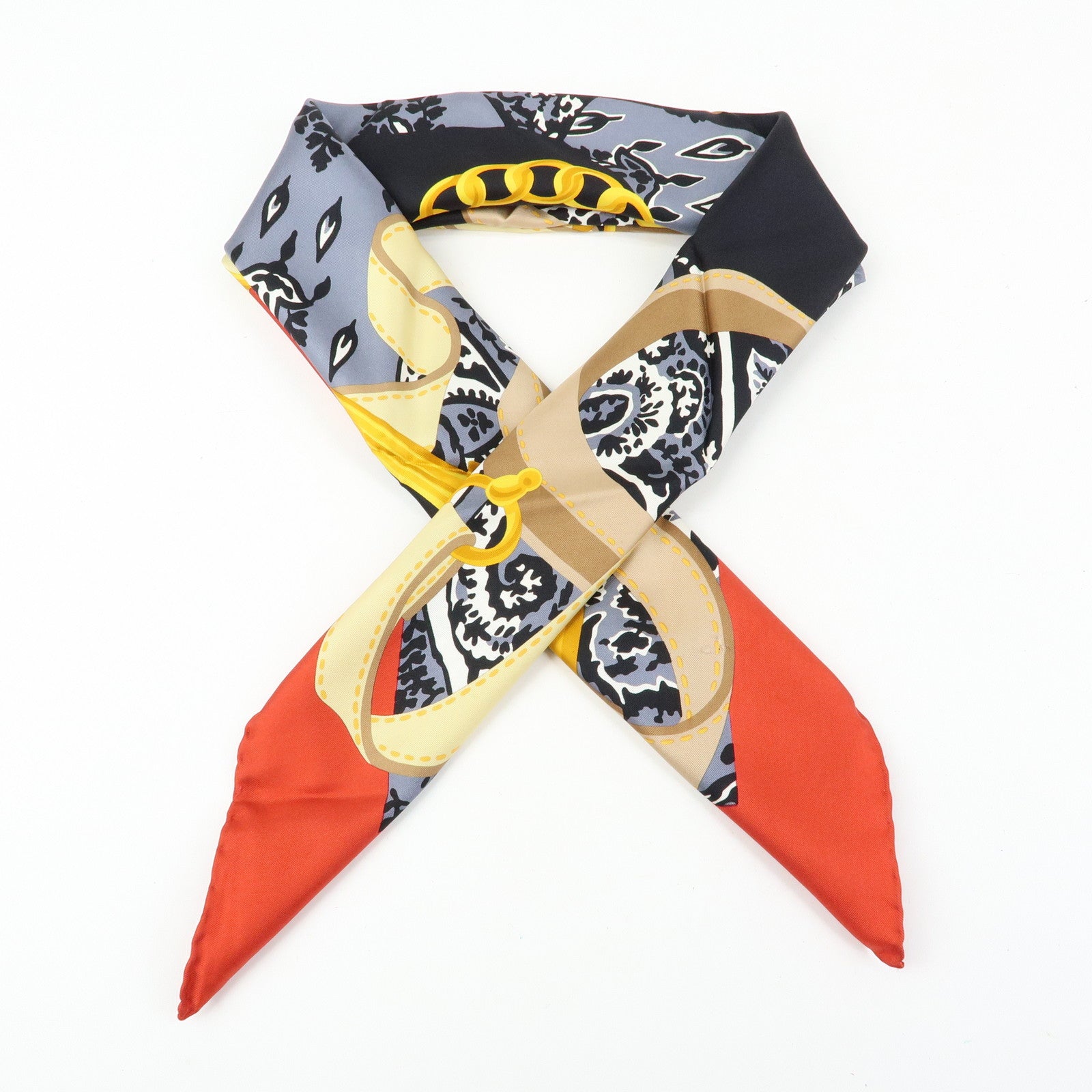 CELINE Silk 100% Scarf Flower Belt Motif Black Red Gold