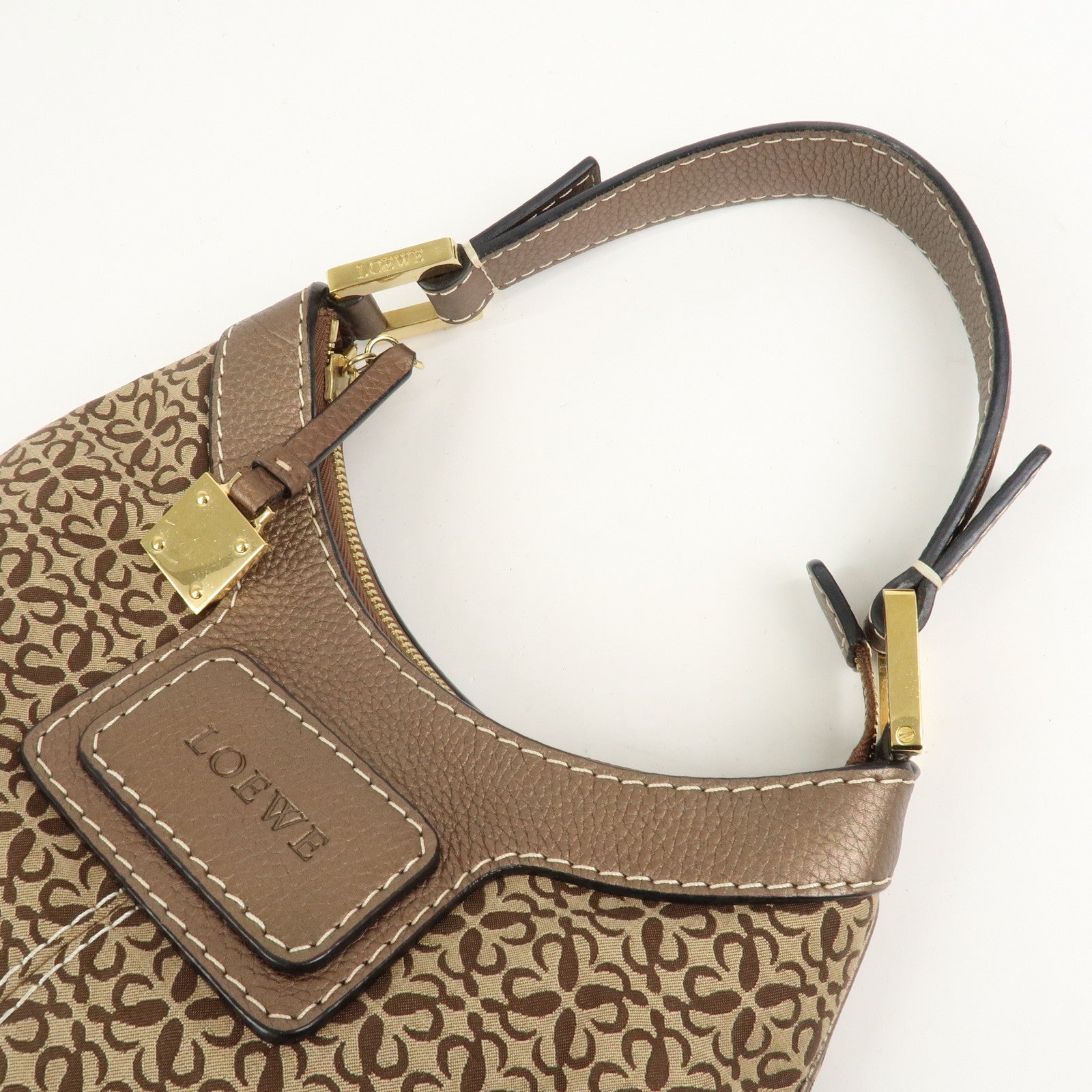 LOEWE New Road Line Logo Canvas Leather Shoulder Bag Brown Beige