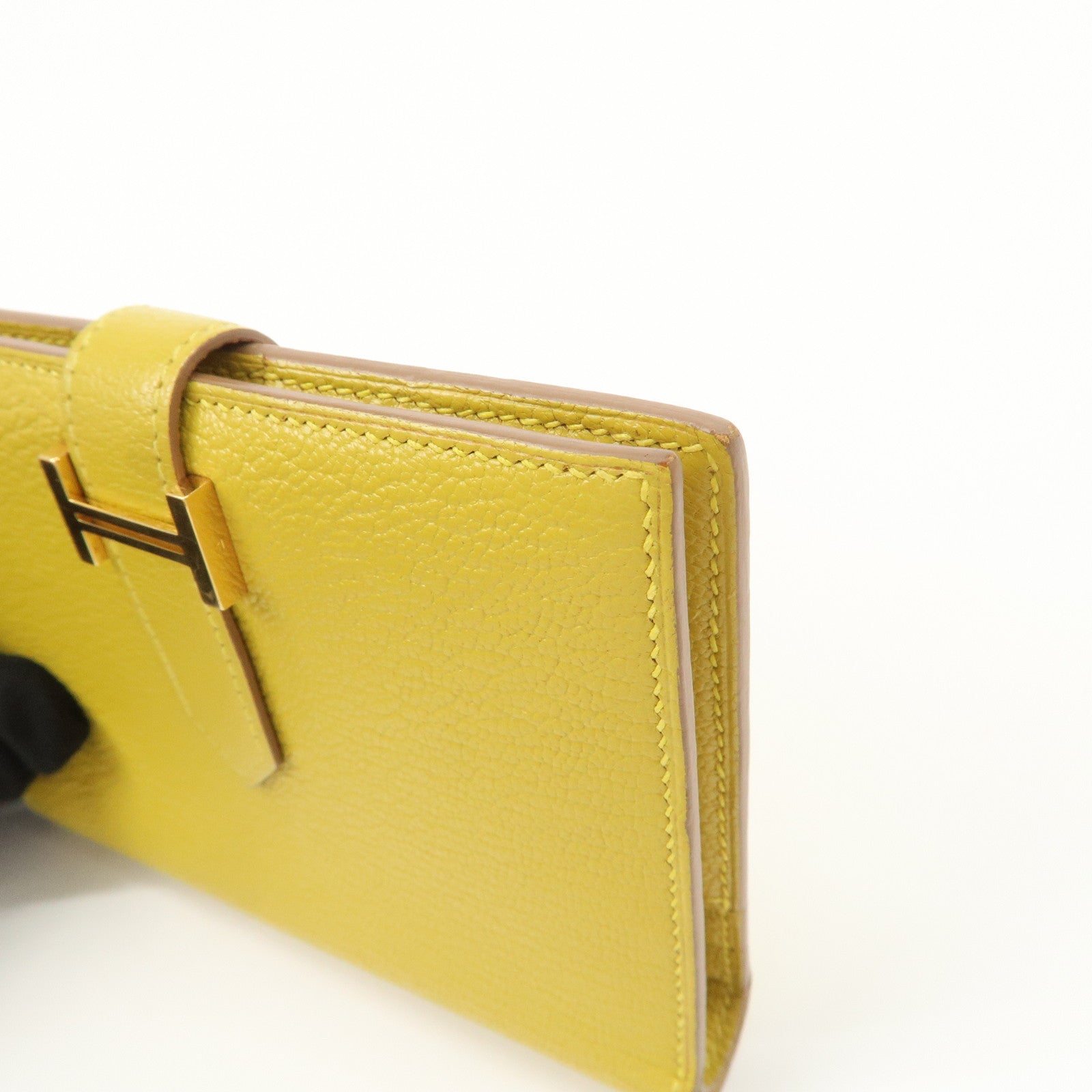 HERMES Leather Bearn Mini Compact Wallet D Stamped Yellow