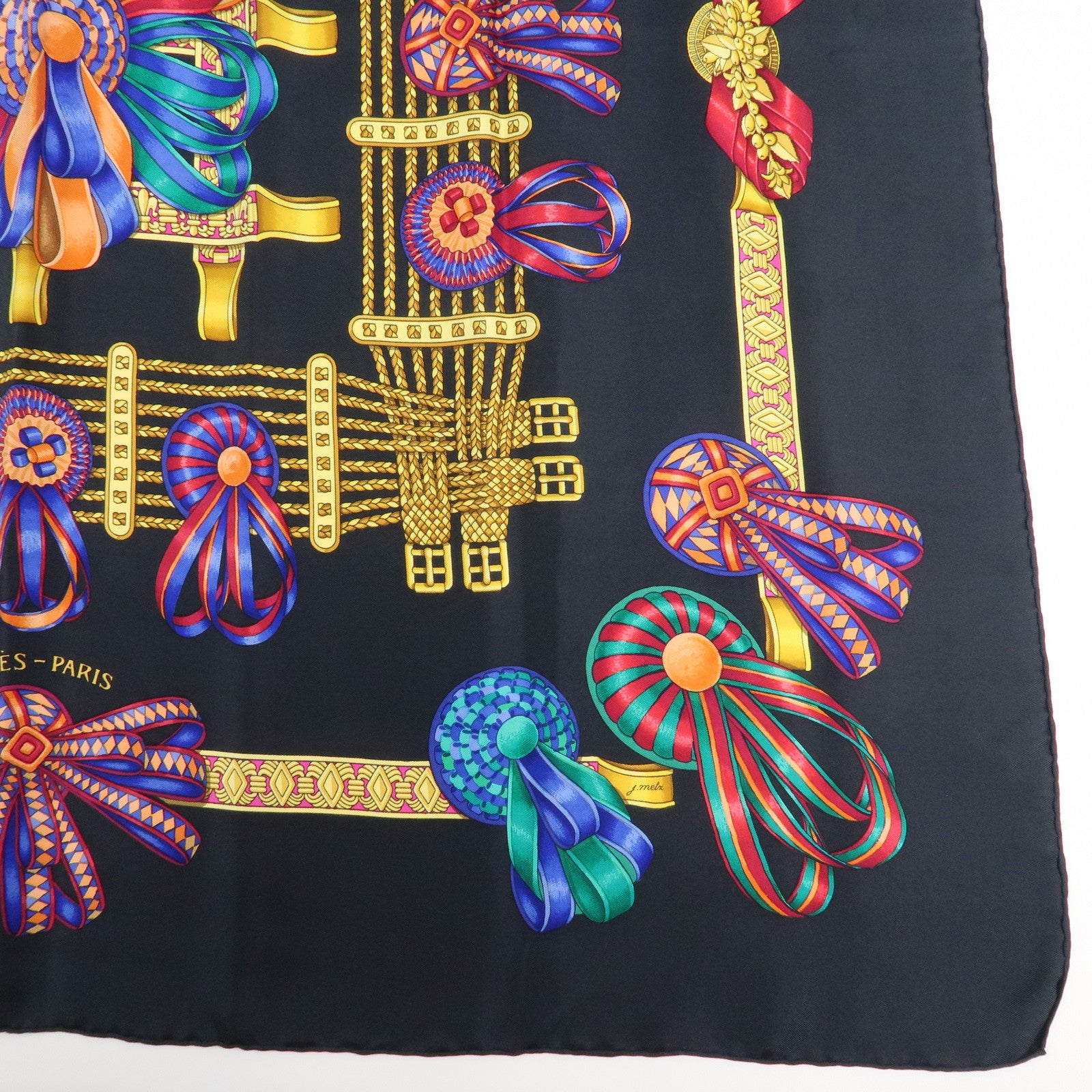 HERMES Carre90 Silk 100% Scarf Black Yellow Used